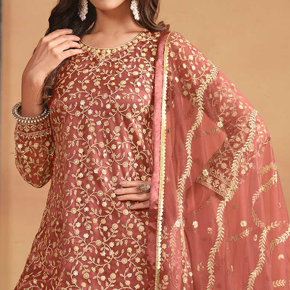 Rust Floral Sequins Embroidered Georgette Semi Stitched Sharara Suit