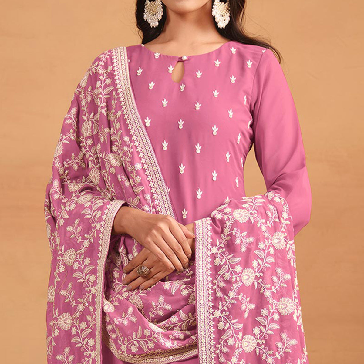 Pink Sequins Embroidered Georgette Semi Stitched Salwar Suit