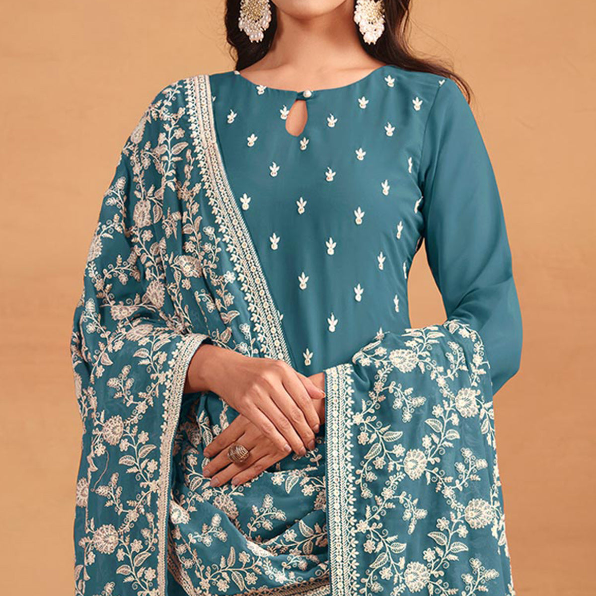 Blue Sequins Embroidered Georgette Semi Stitched Salwar Suit