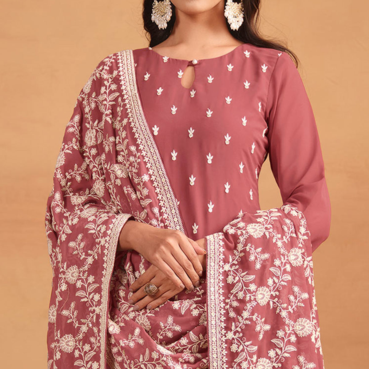 Peach Sequins Embroidered Georgette Semi Stitched Salwar Suit