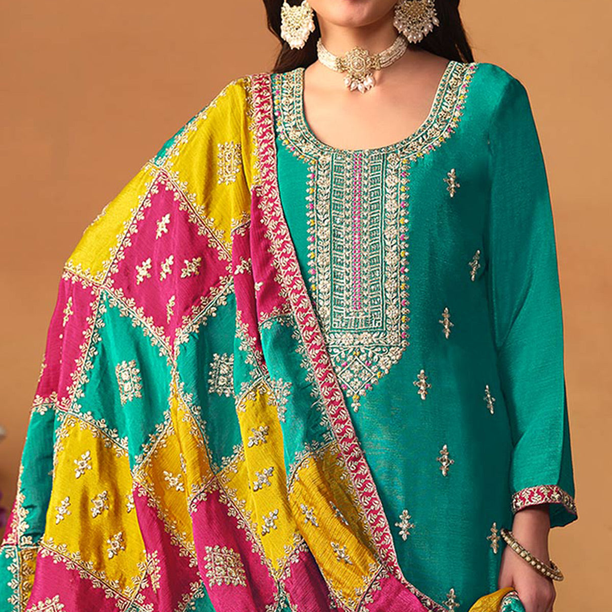 Rama Blue Floral Sequins Embroidered Chinon Silk Semi Stitched Salwar Suit