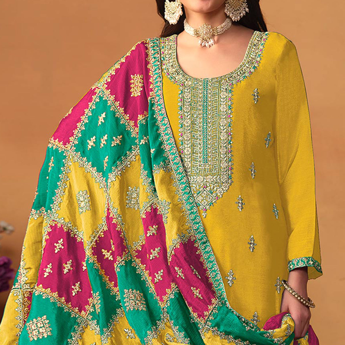 Yellow Floral Sequins Embroidered Chinon Silk Semi Stitched Salwar Suit