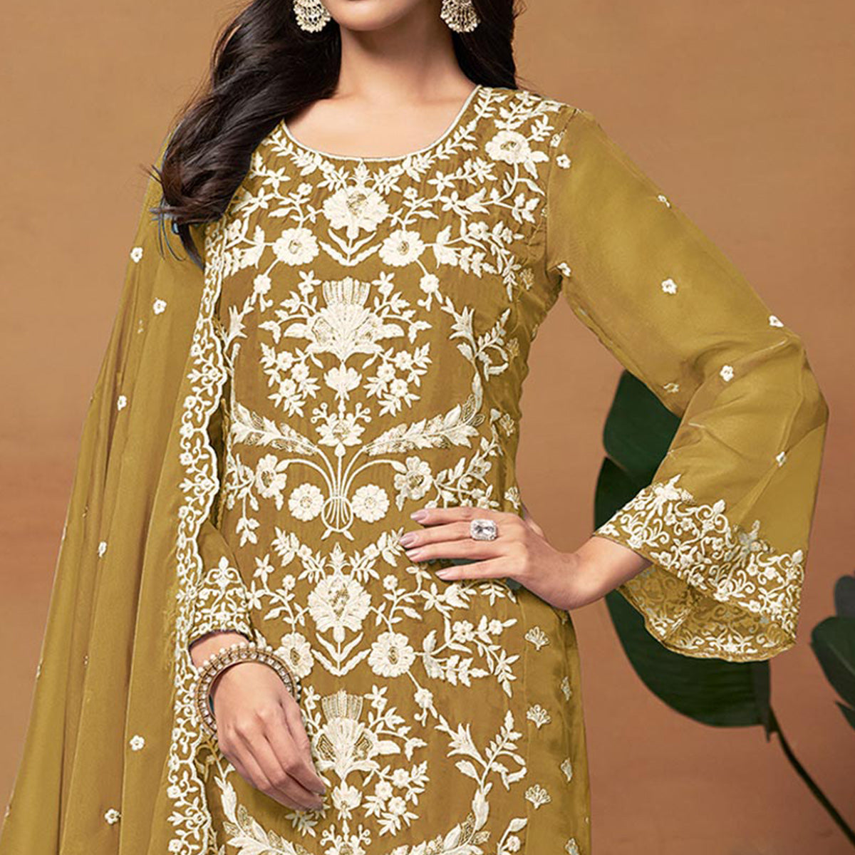 Mustard Floral Sequins Embroidered Organza Semi Stitched Salwar Suit