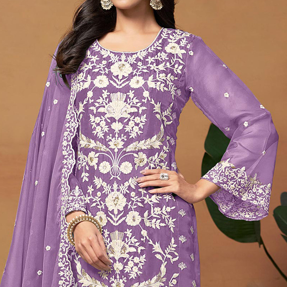 Purple Floral Sequins Embroidered Organza Semi Stitched Salwar Suit