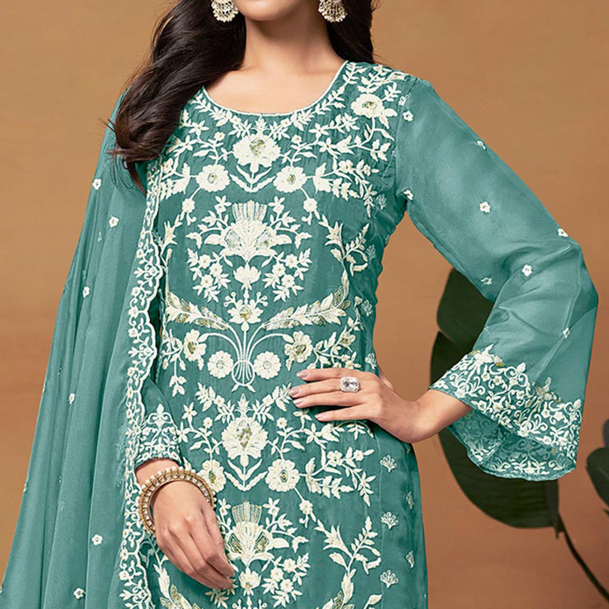 Blue Floral Sequins Embroidered Organza Semi Stitched Salwar Suit