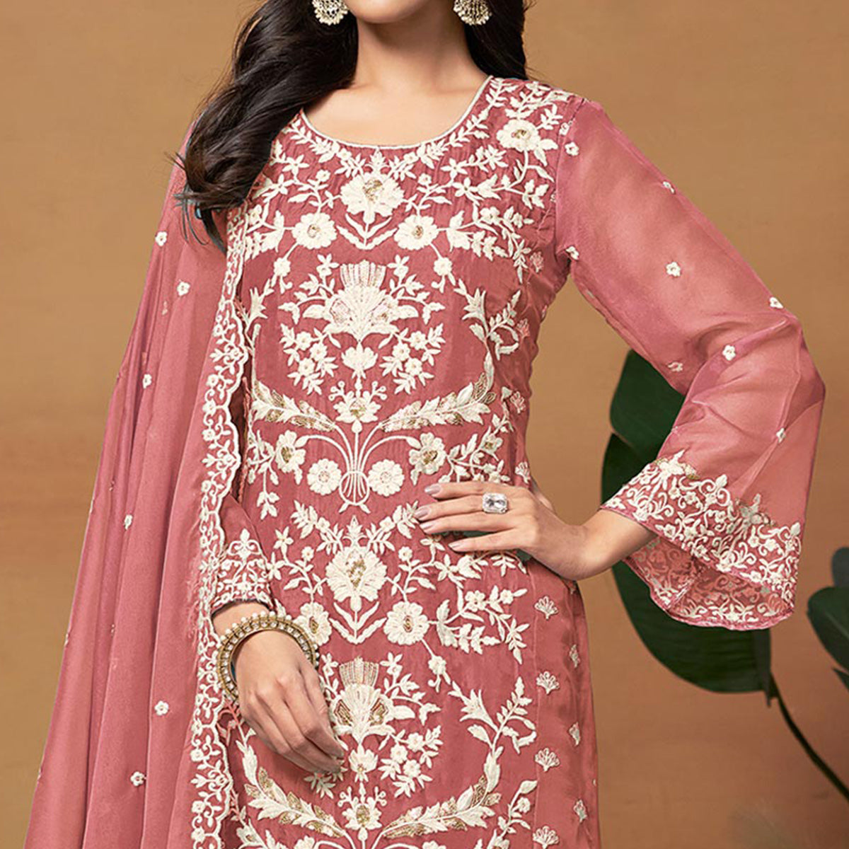 Peach Floral Sequins Embroidered Organza Semi Stitched Salwar Suit