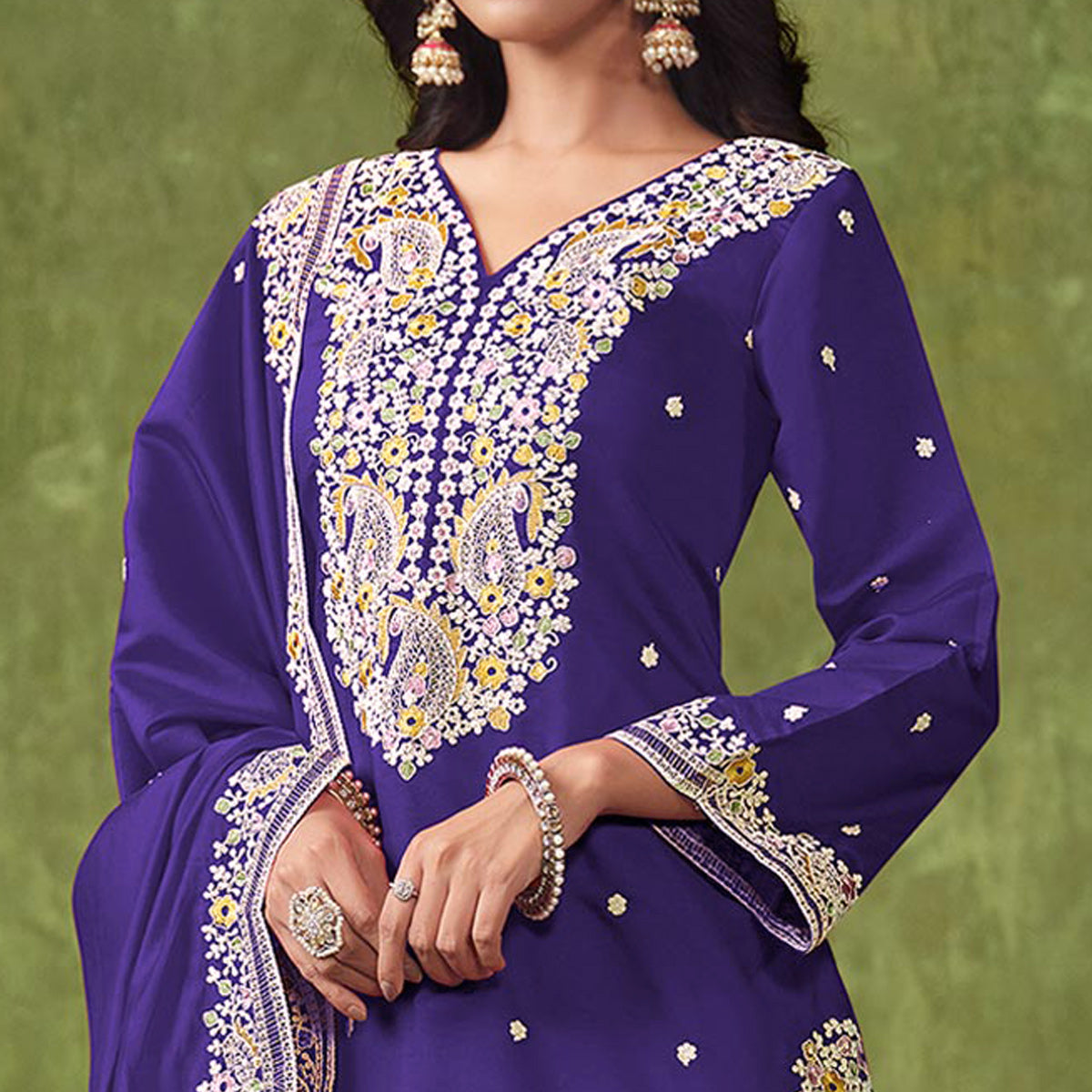 Purple Floral Embroidered Pure Silk Unstitched Dress Material
