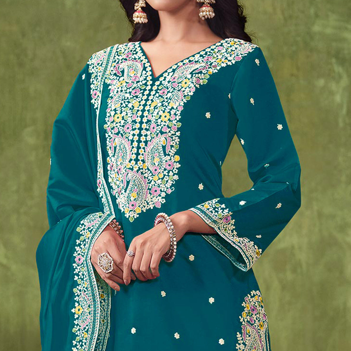 Teal Floral Embroidered Pure Silk Unstitched Dress Material