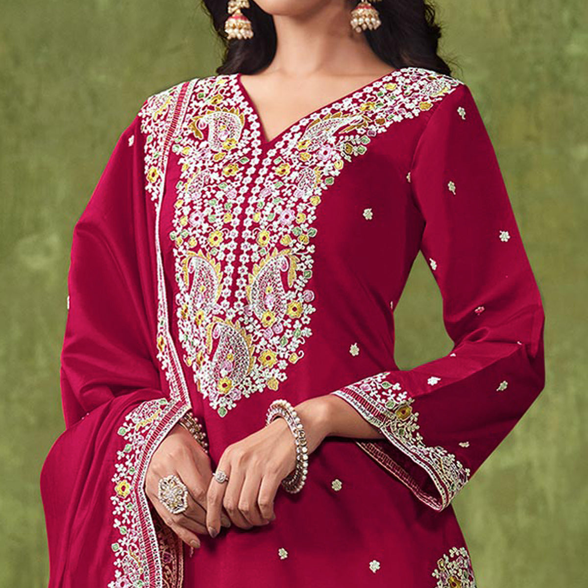 Pink Floral Embroidered Pure Silk Unstitched Dress Material