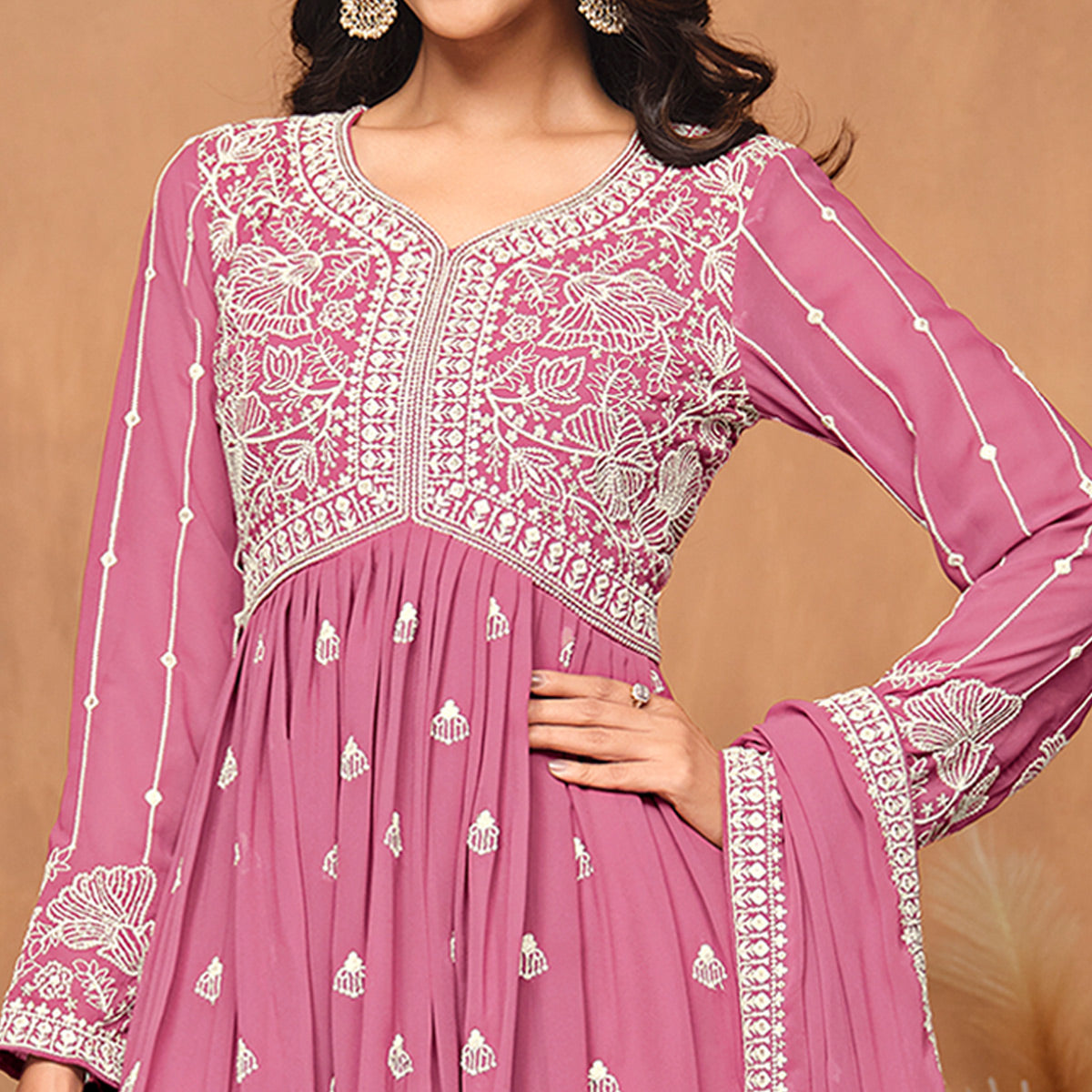 Pink Floral Embroidered Georgette Semi Stitched Suit