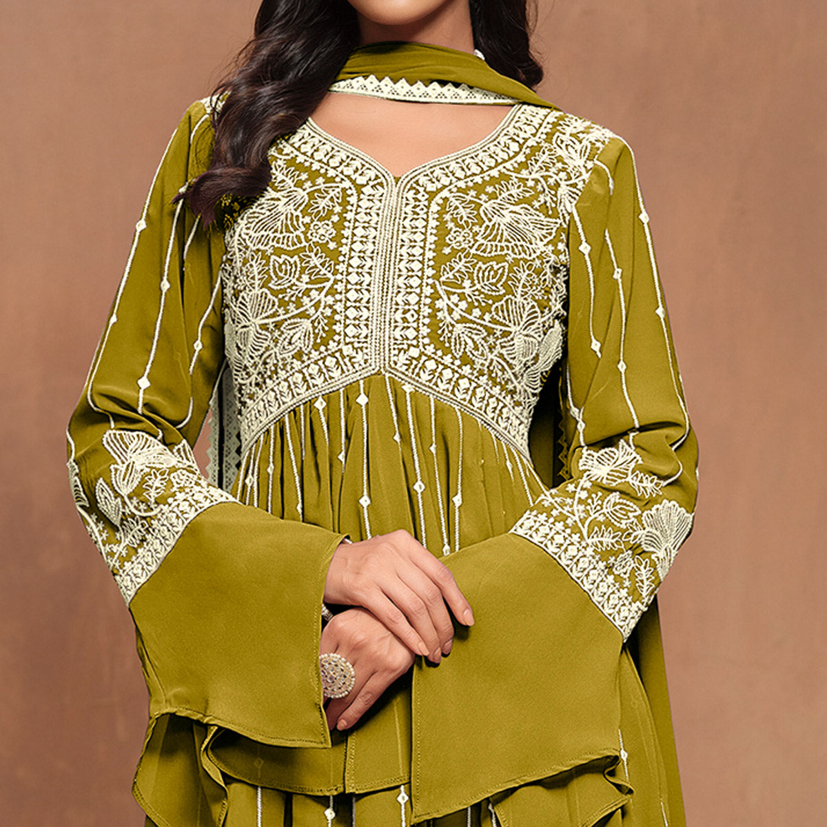 Dark Mustard Floral Embroidered Georgette Semi Stitched Alia Cut Sharara Suit