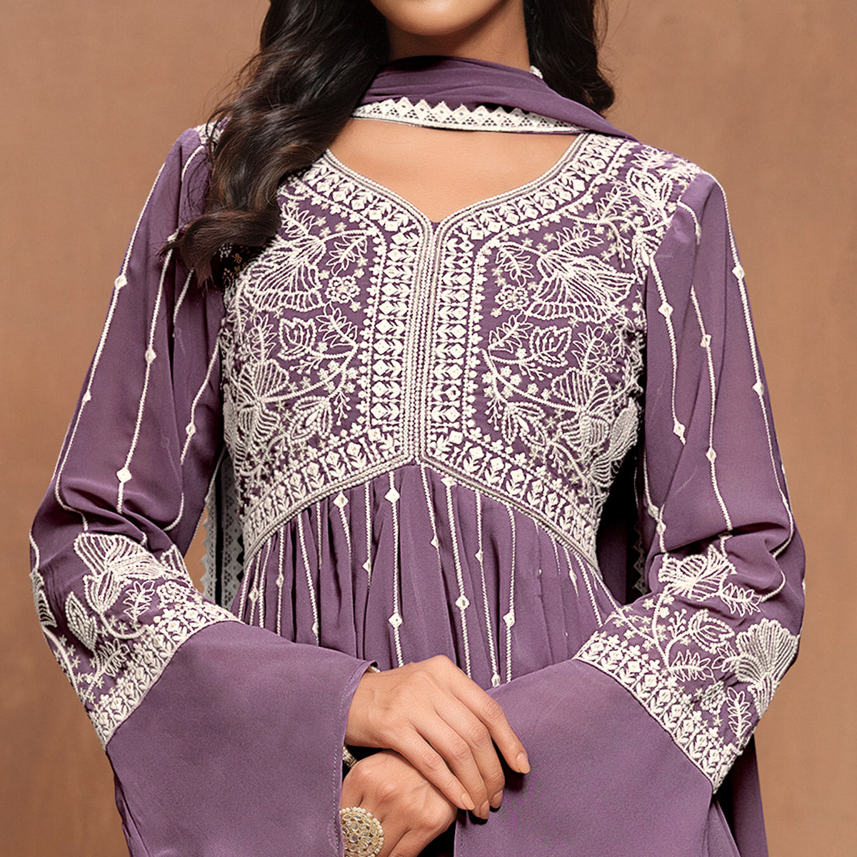 Purple Floral Embroidered Georgette Semi Stitched Alia Cut Sharara Suit