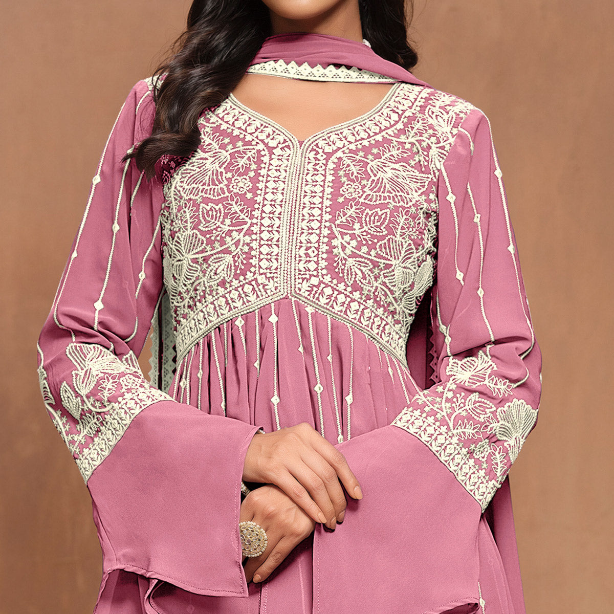 Pink Floral Embroidered Georgette Semi Stitched Alia Cut Sharara Suit