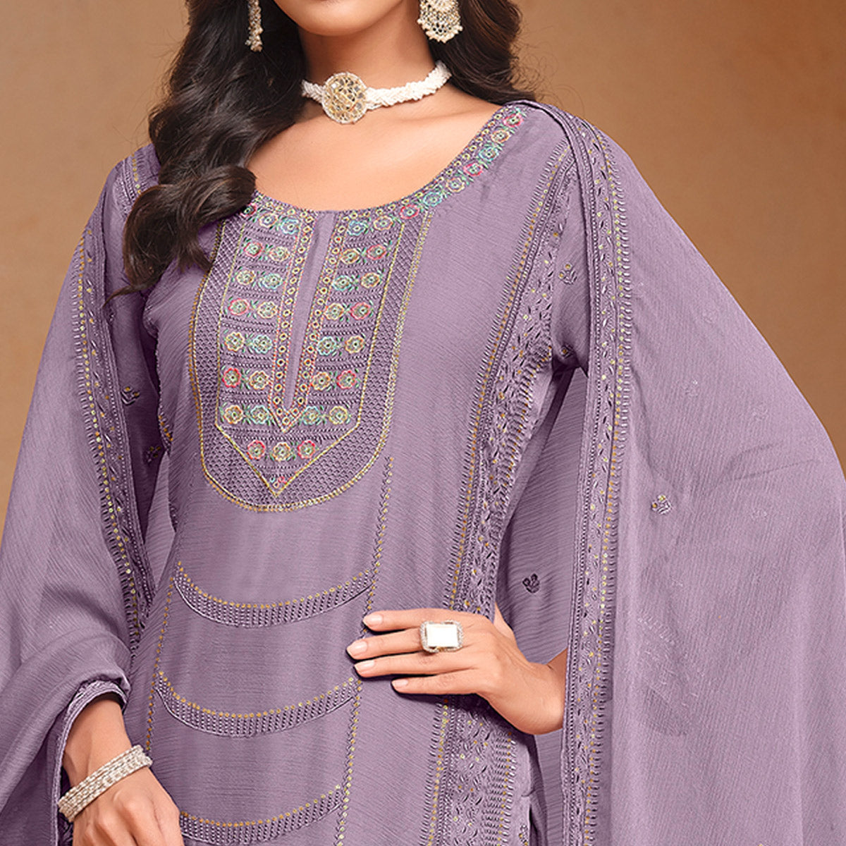 Lavender Floral Embroidered Organza Semi Stitched Salwar Suit