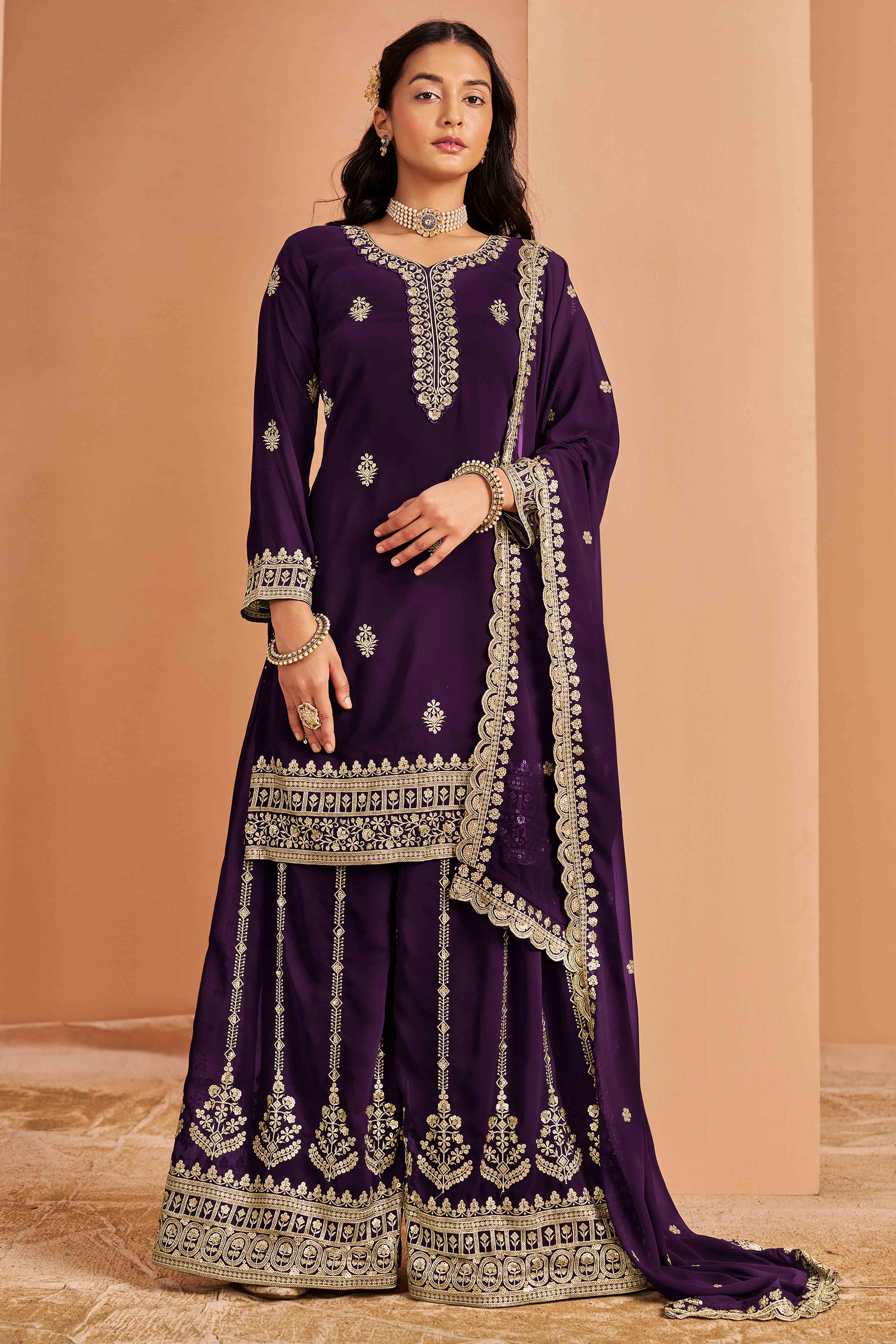Purple Floral Embroidery Georgette Semi Stitched Palazzo Suit