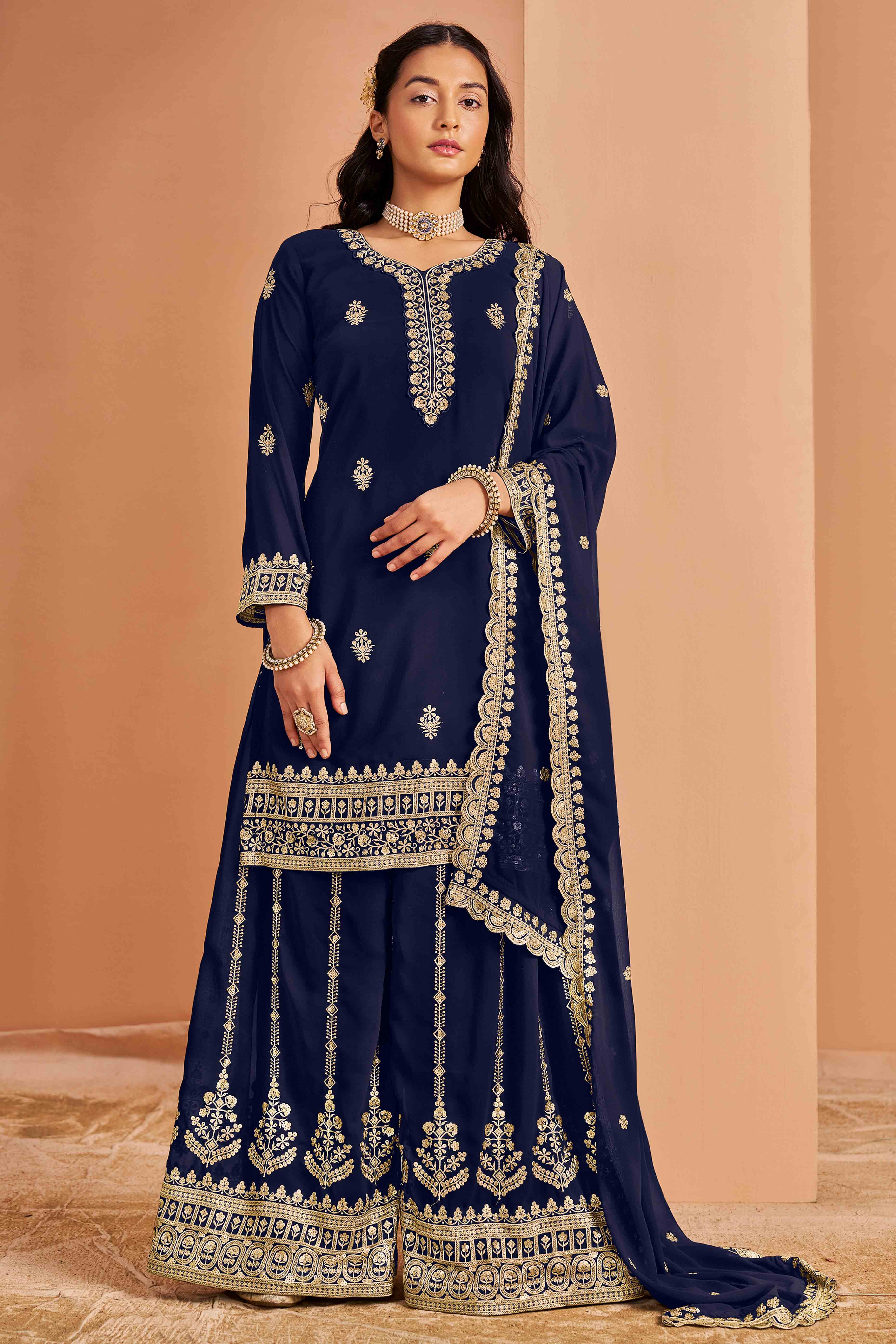 Blue Floral Embroidery Georgette Semi Stitched Palazzo Suit