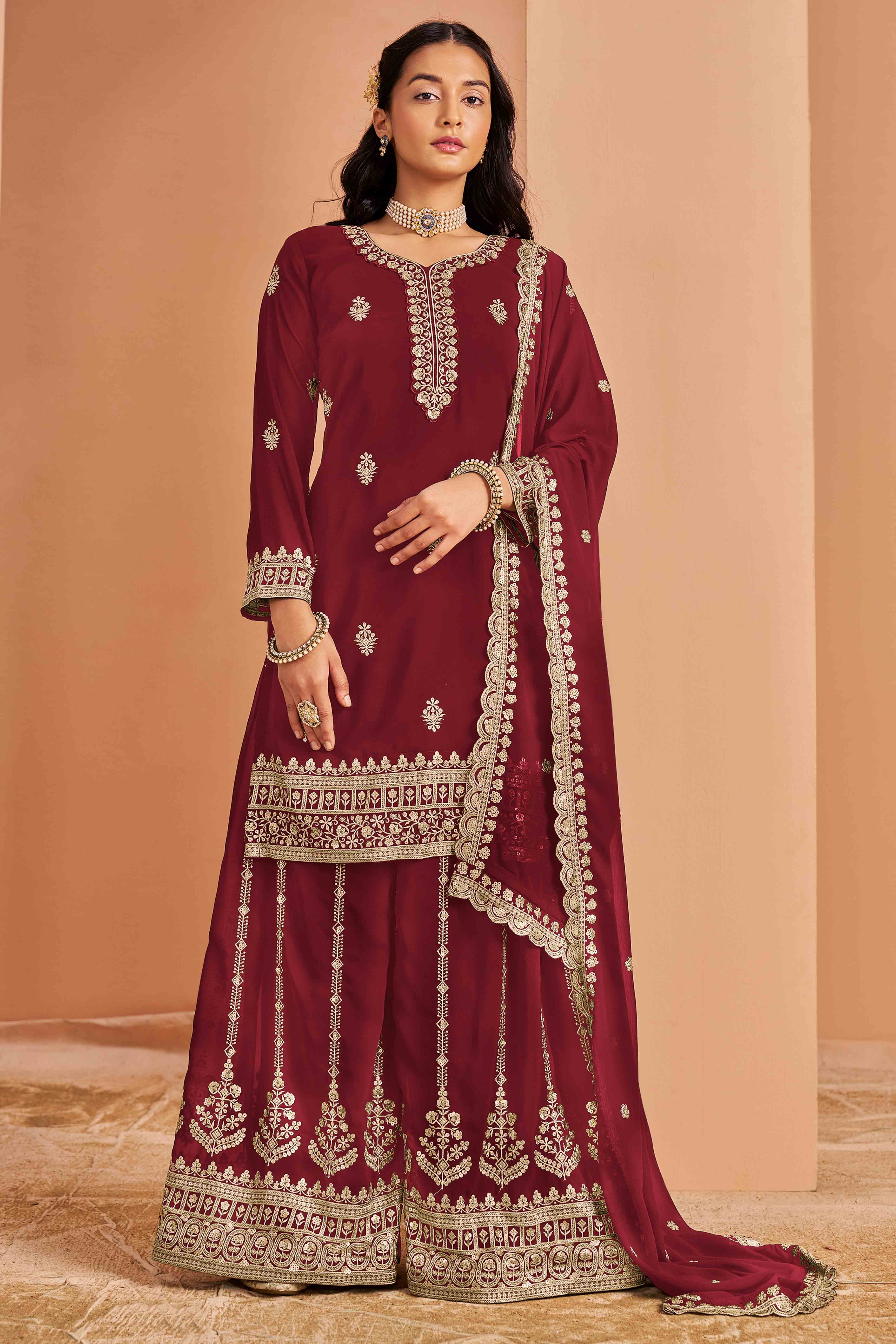 Maroon Floral Embroidery Georgette Semi Stitched Palazzo Suit