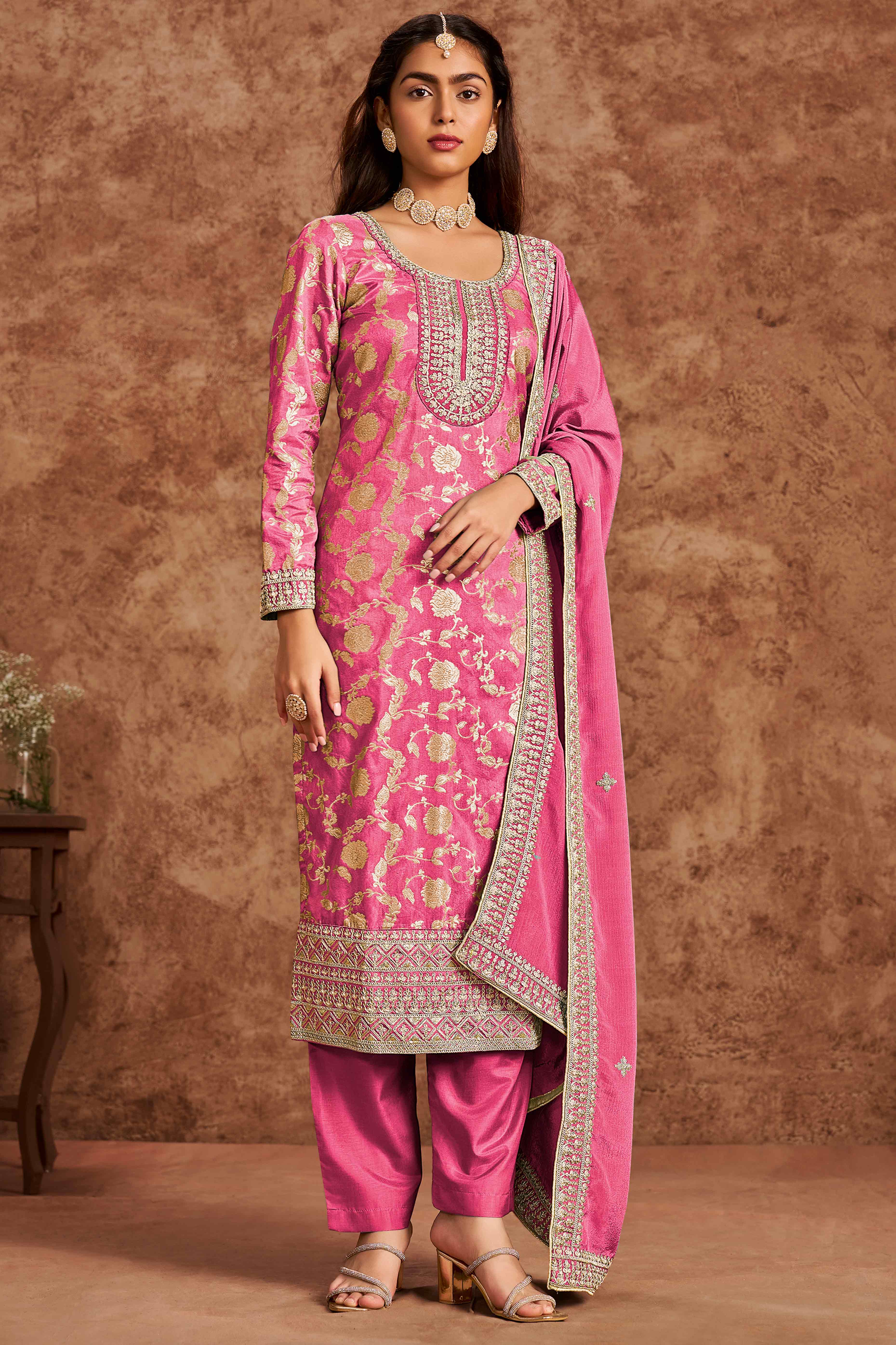 Pink Floral Woven Dola Silk Jacquard Dress Material