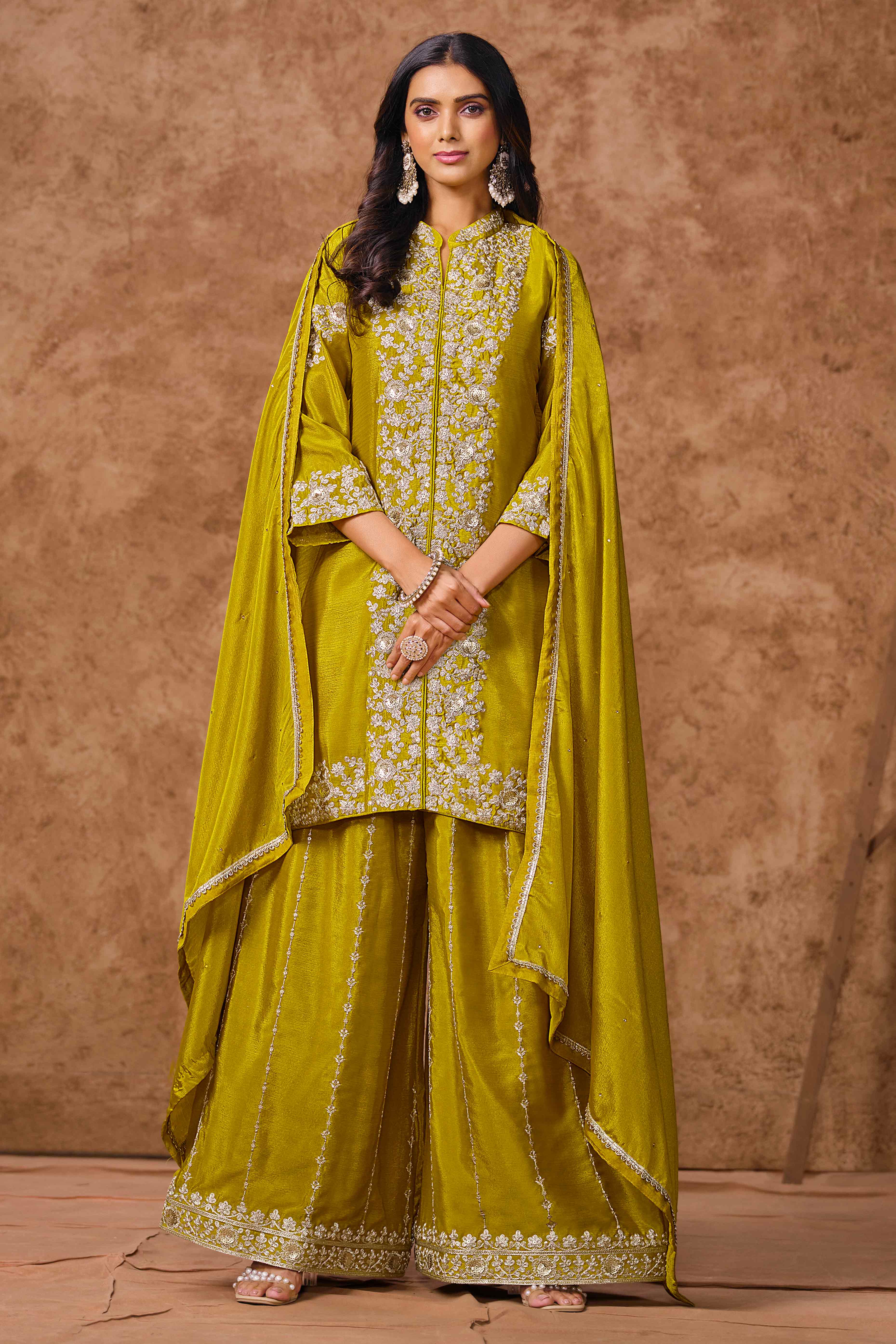 Mustard Chinon Palazzo Suit With Floral Sequins & Cording Embroidery Work