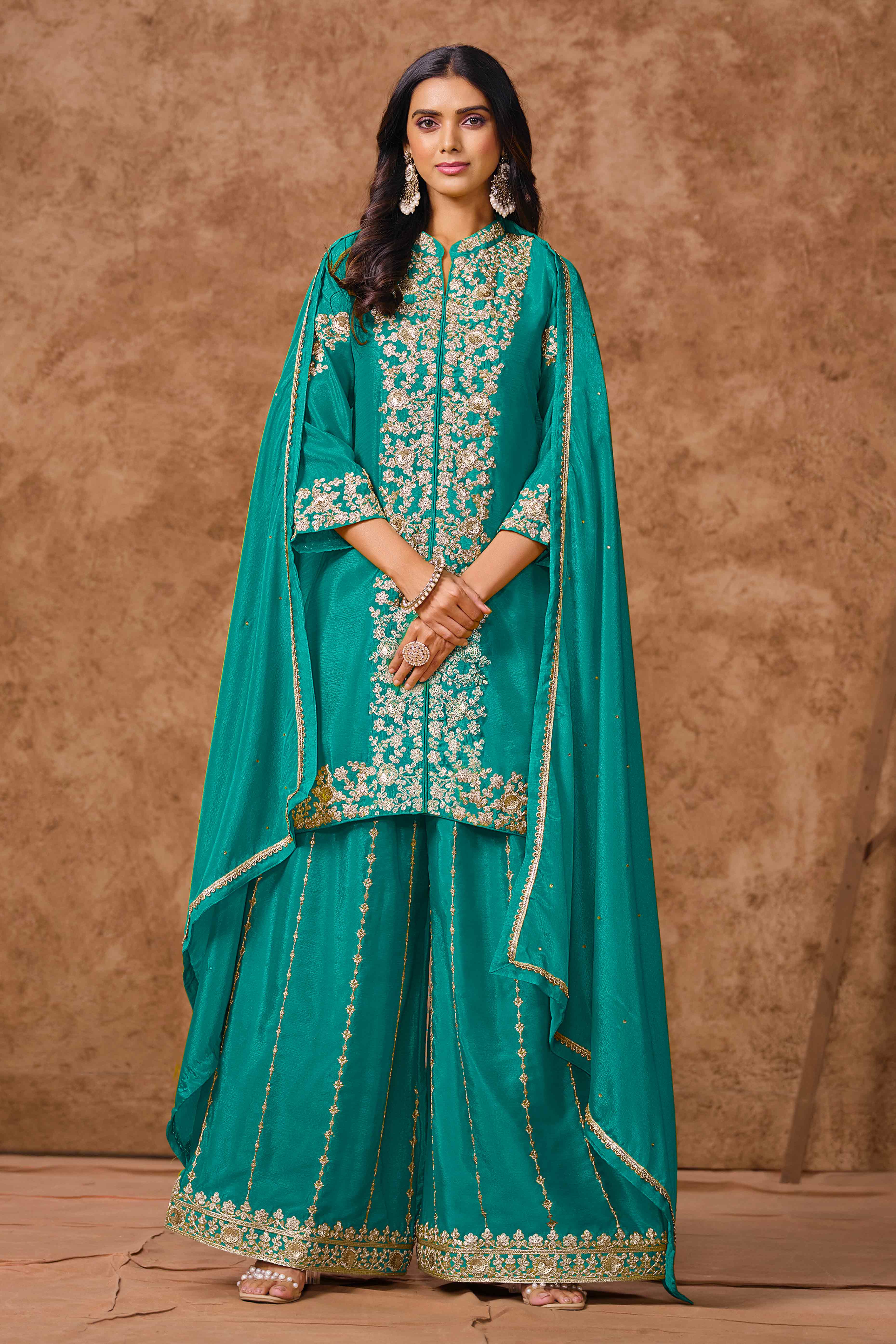 Rama Blue Chinon Palazzo Suit With Floral Sequins & Cording Embroidery Work