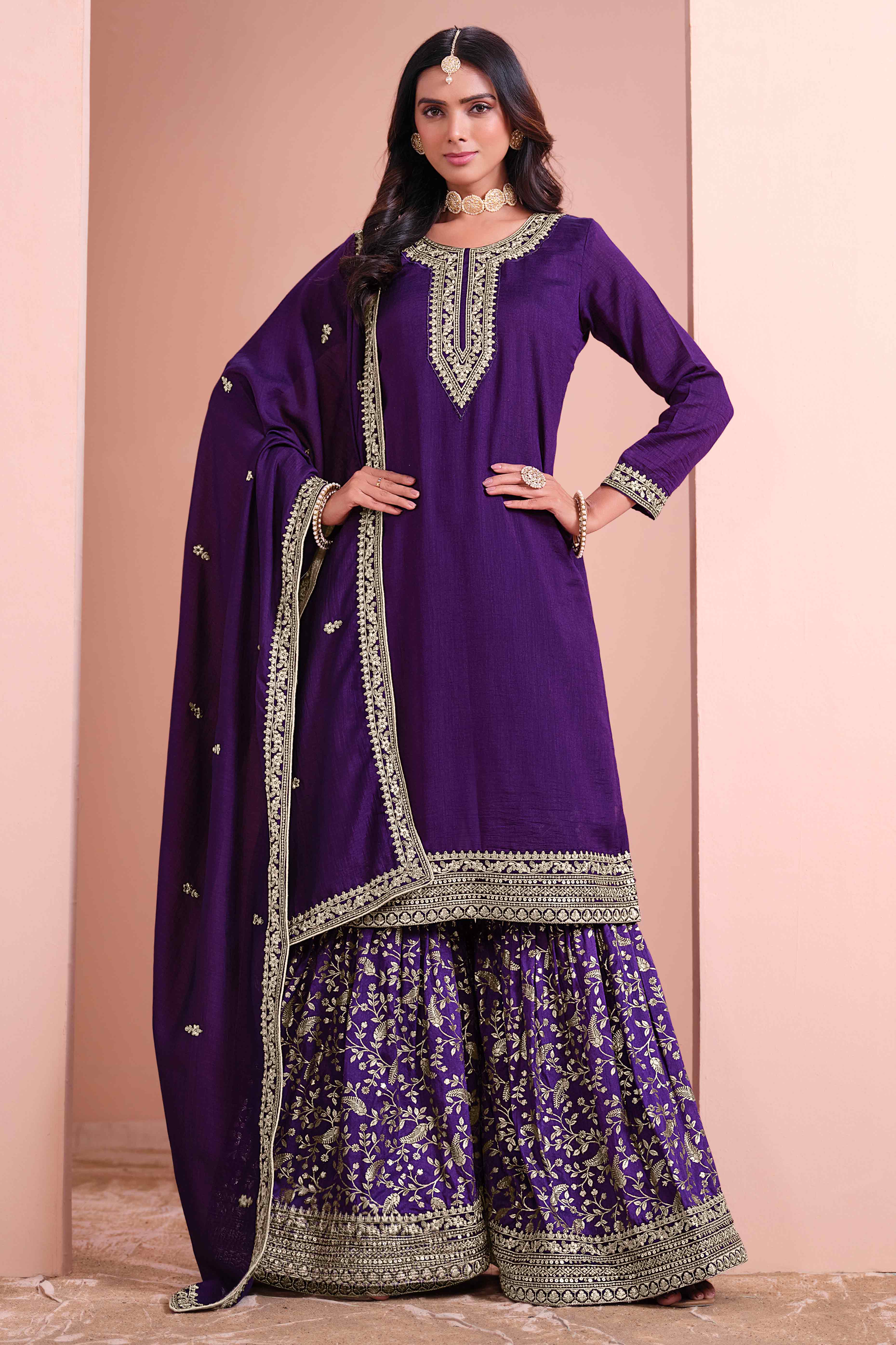 Purple Floral Semi-Stitched Art Silk Sharara Suit With Sequins Embroidery Work