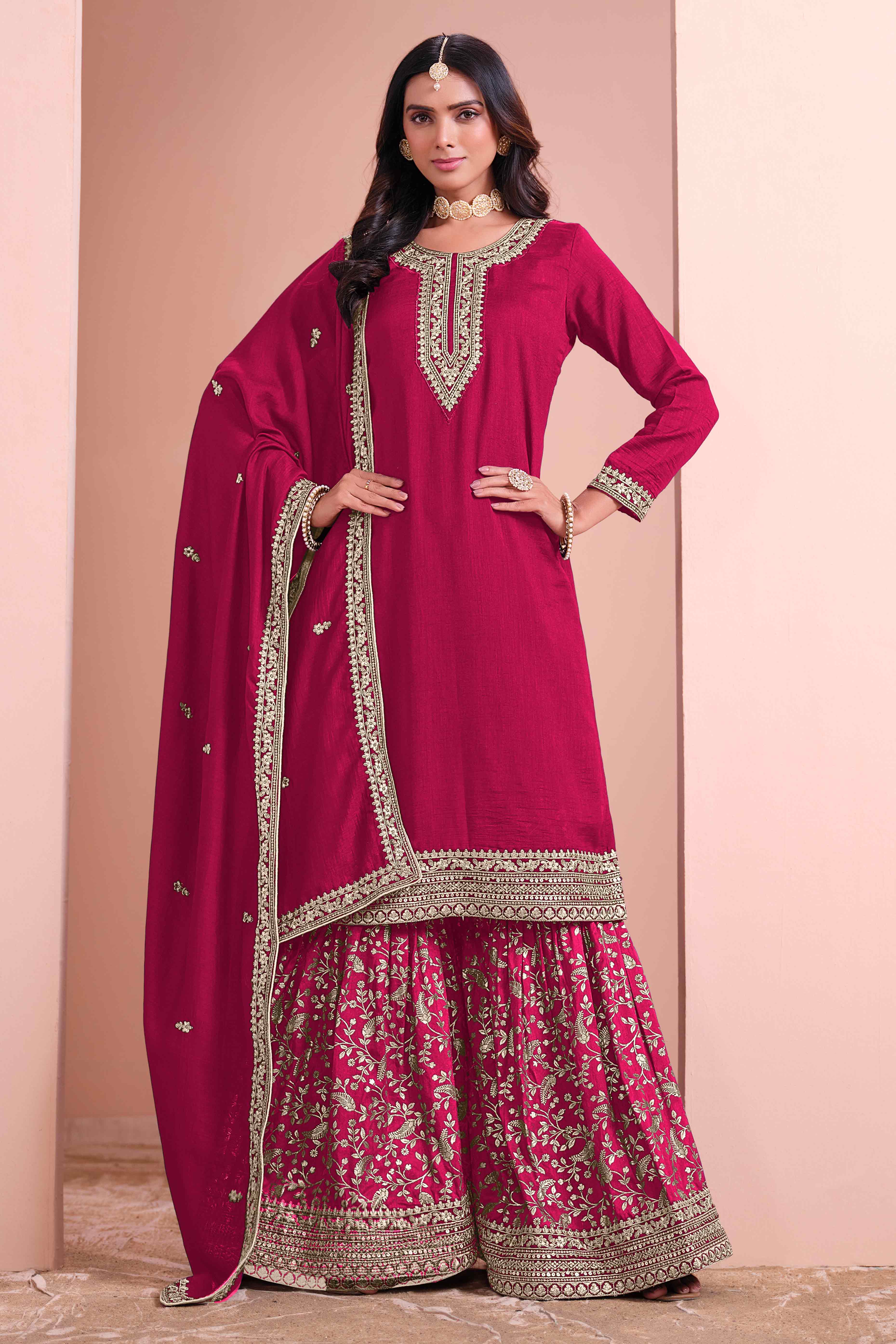 Pink Floral Semi-Stitched Art Silk Sharara Suit With Sequins Embroidery Work