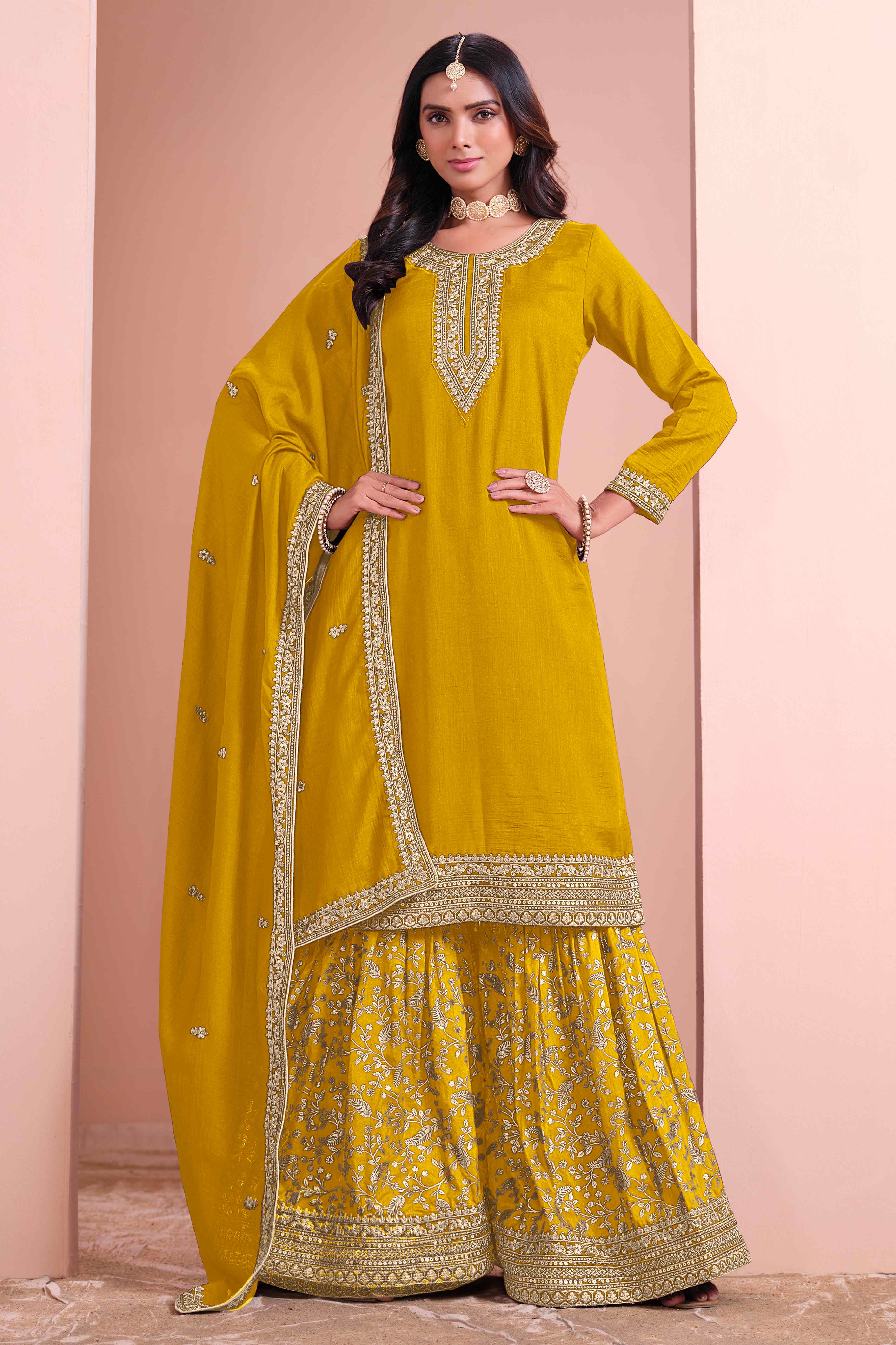 Mustard Floral Semi-Stitched Art Silk Sharara Suit With Sequins Embroidery Work