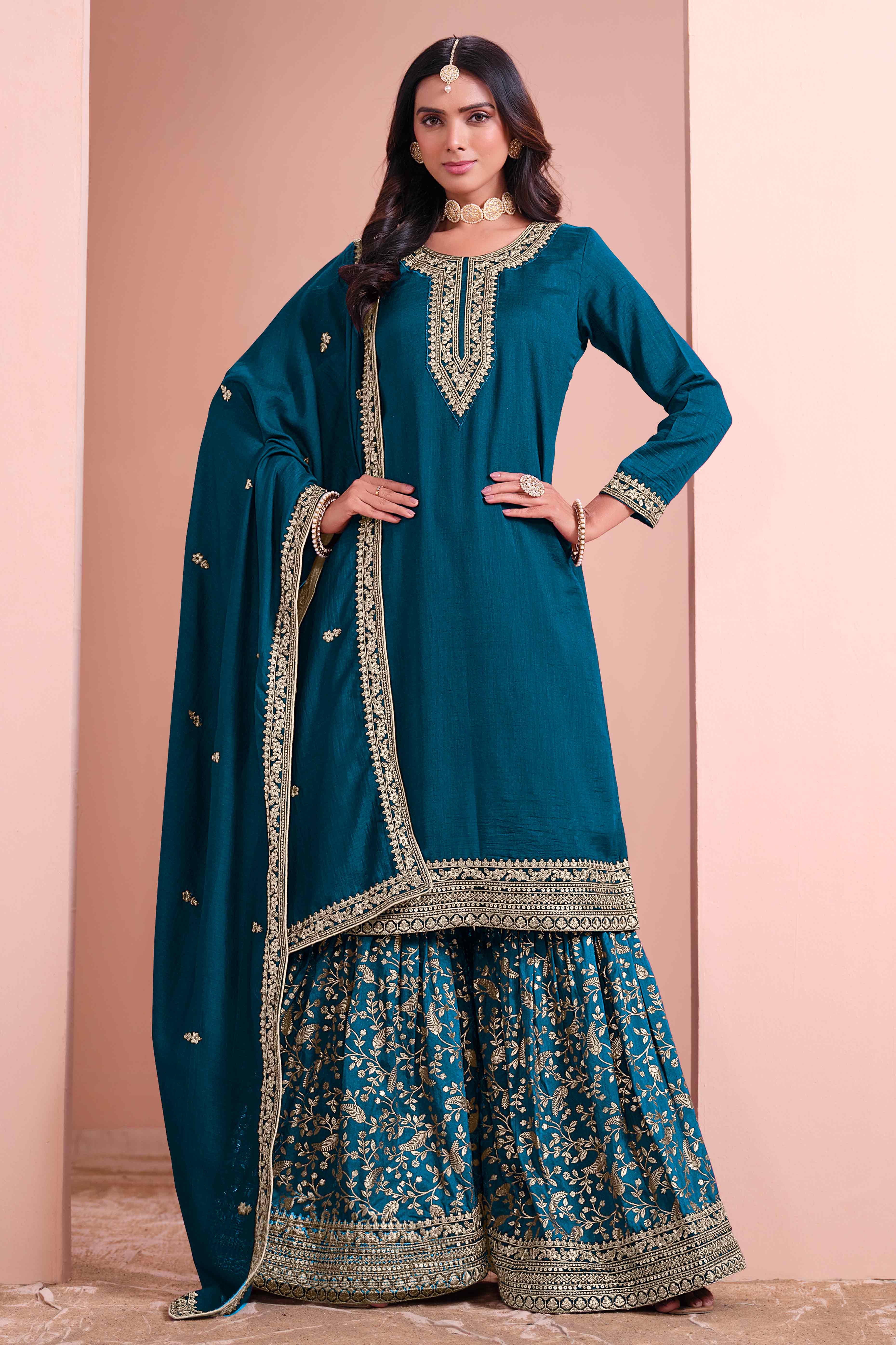 Morpich Floral Semi-Stitched Art Silk Sharara Suit With Sequins Embroidery Work