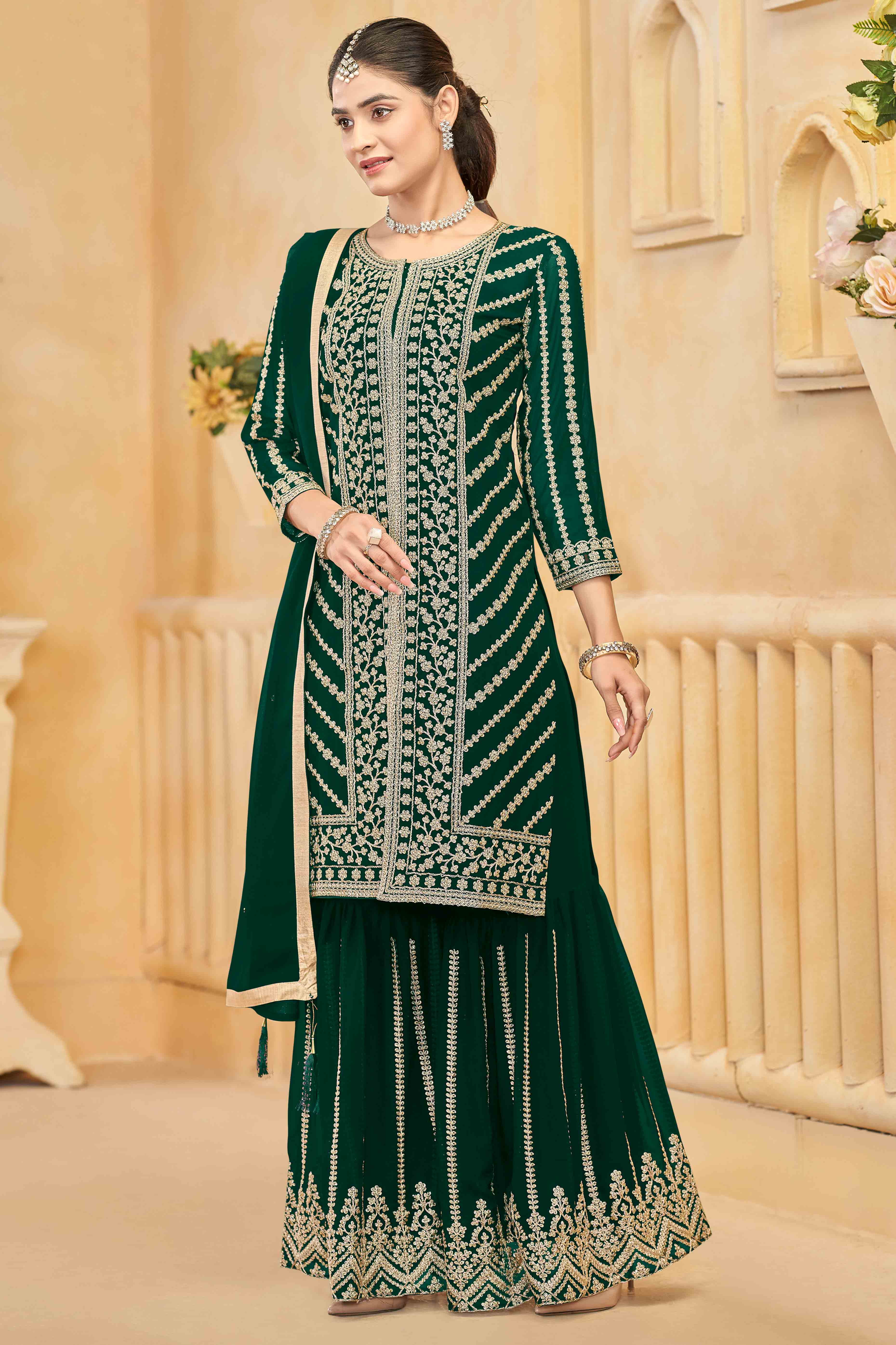 Green Georgette Palazzo Suit Adorned With Floral Sequins & Cording Embroidery