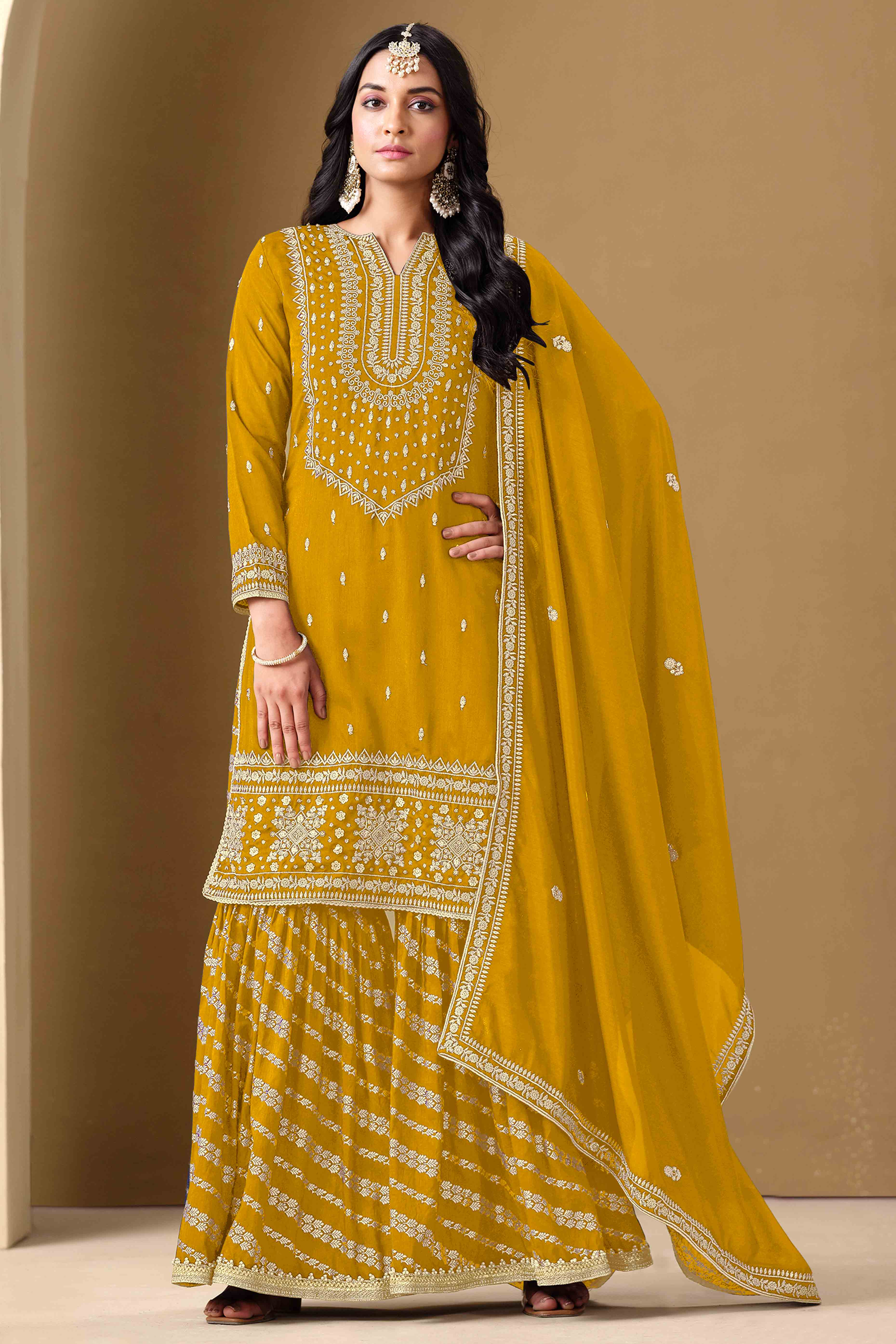 Mustard Art Silk Sharara Suit With Floral Sequins Embroidery Work