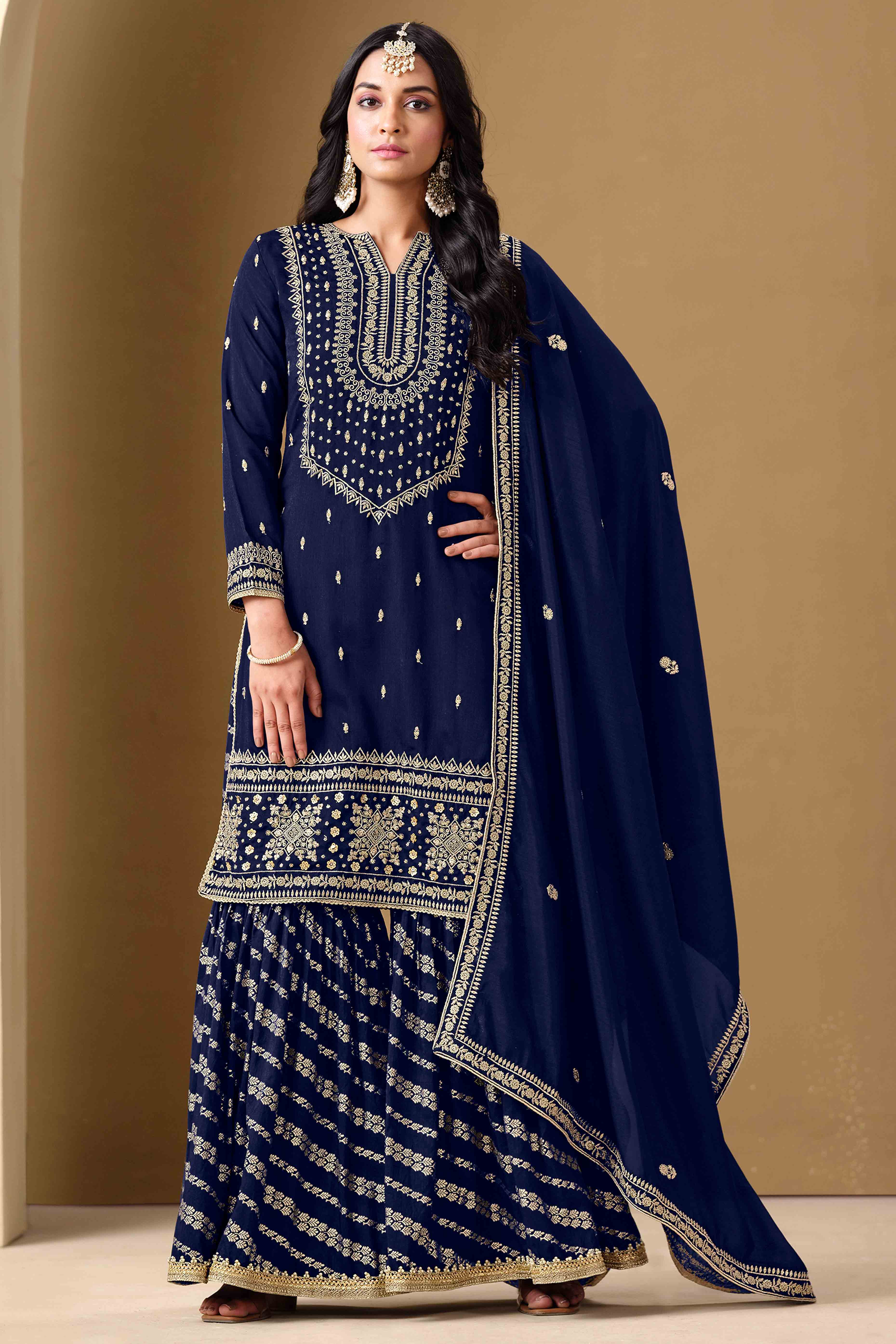Navy Blue Art Silk Sharara Suit With Floral Sequins Embroidery Work
