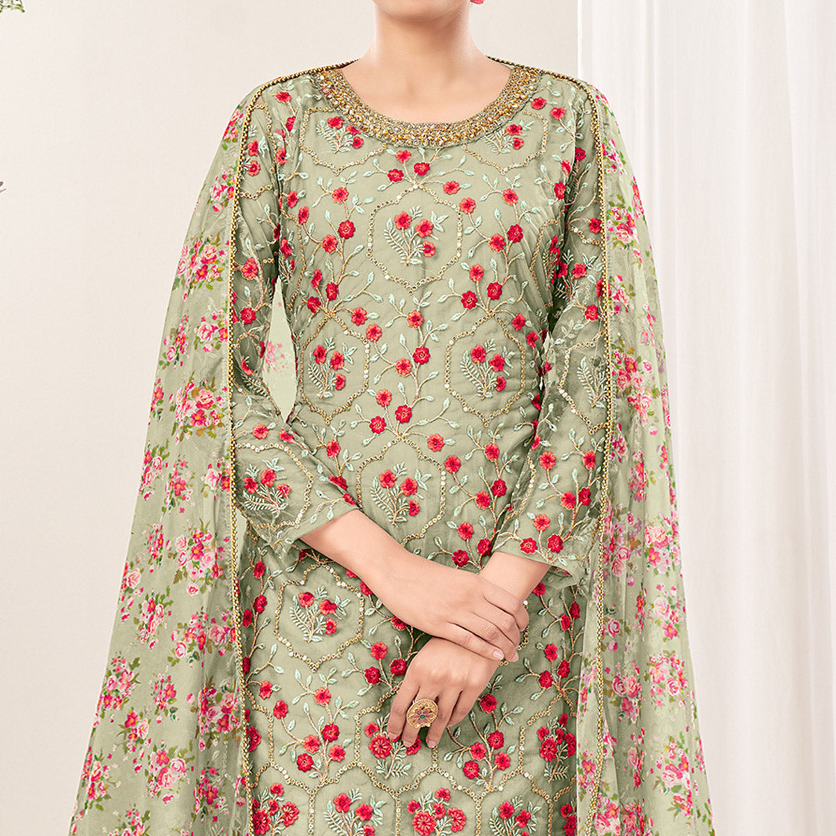 Green Floral Sequins Embroidered Net Patiala Suit