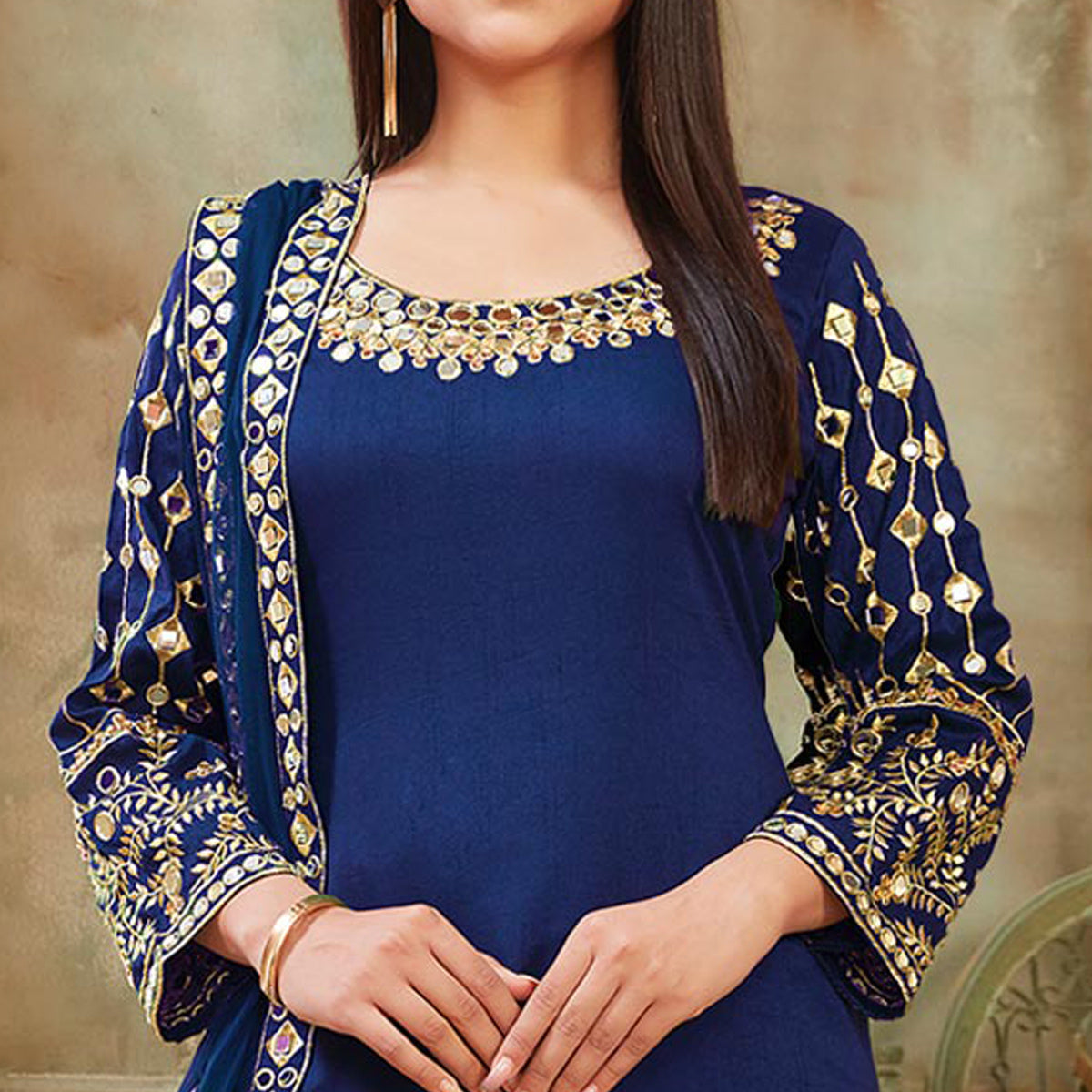 Blue Floral Embroidered Art Silk Patiala Suit