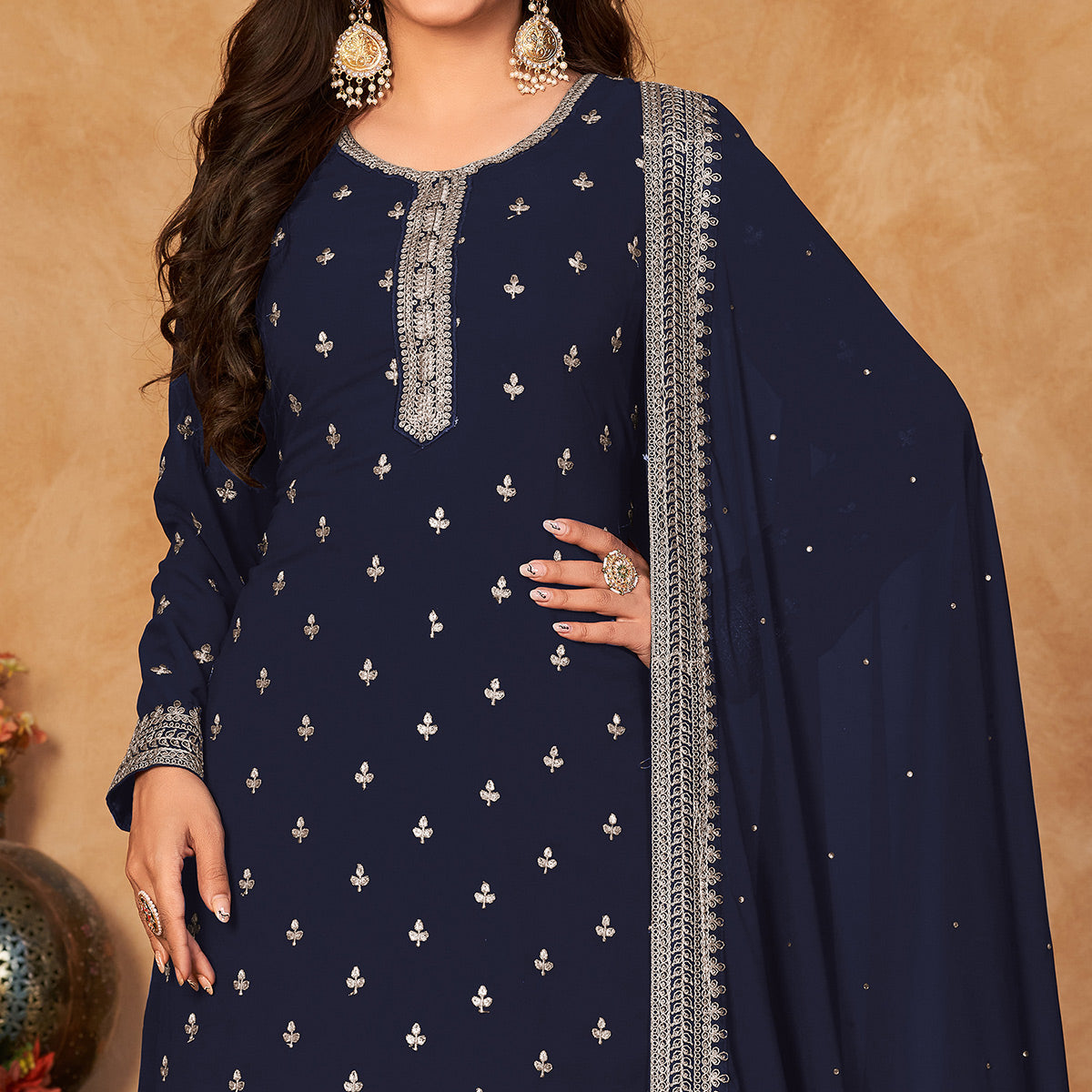 Blue Floral Embroidered Georgette Semi Stitched Suit