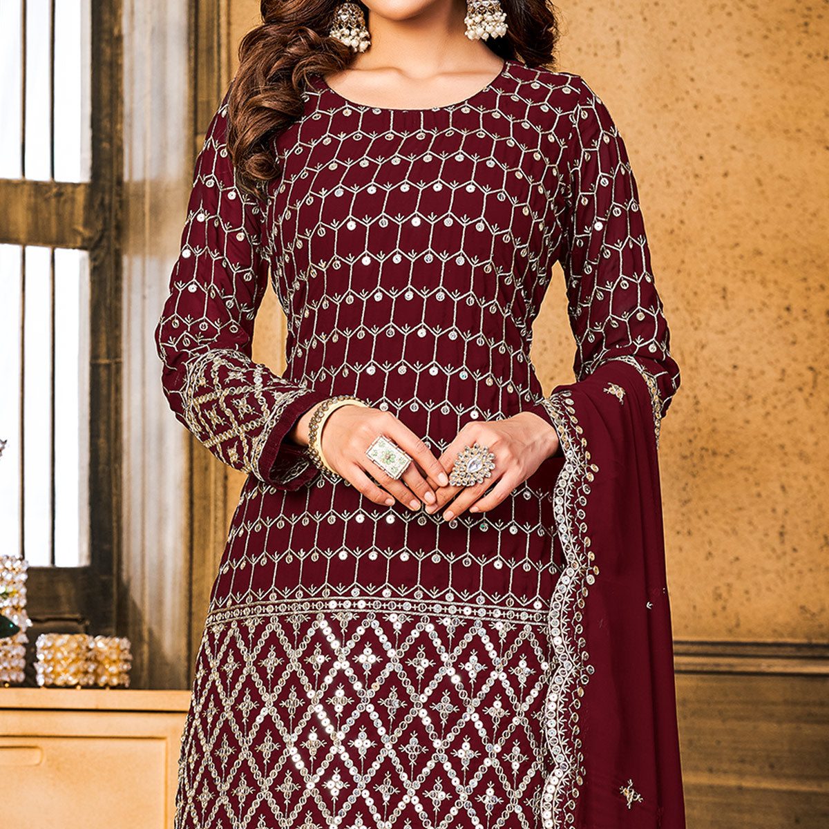 Maroon Sequins Embroidered Georgette Semi Stitched Suit