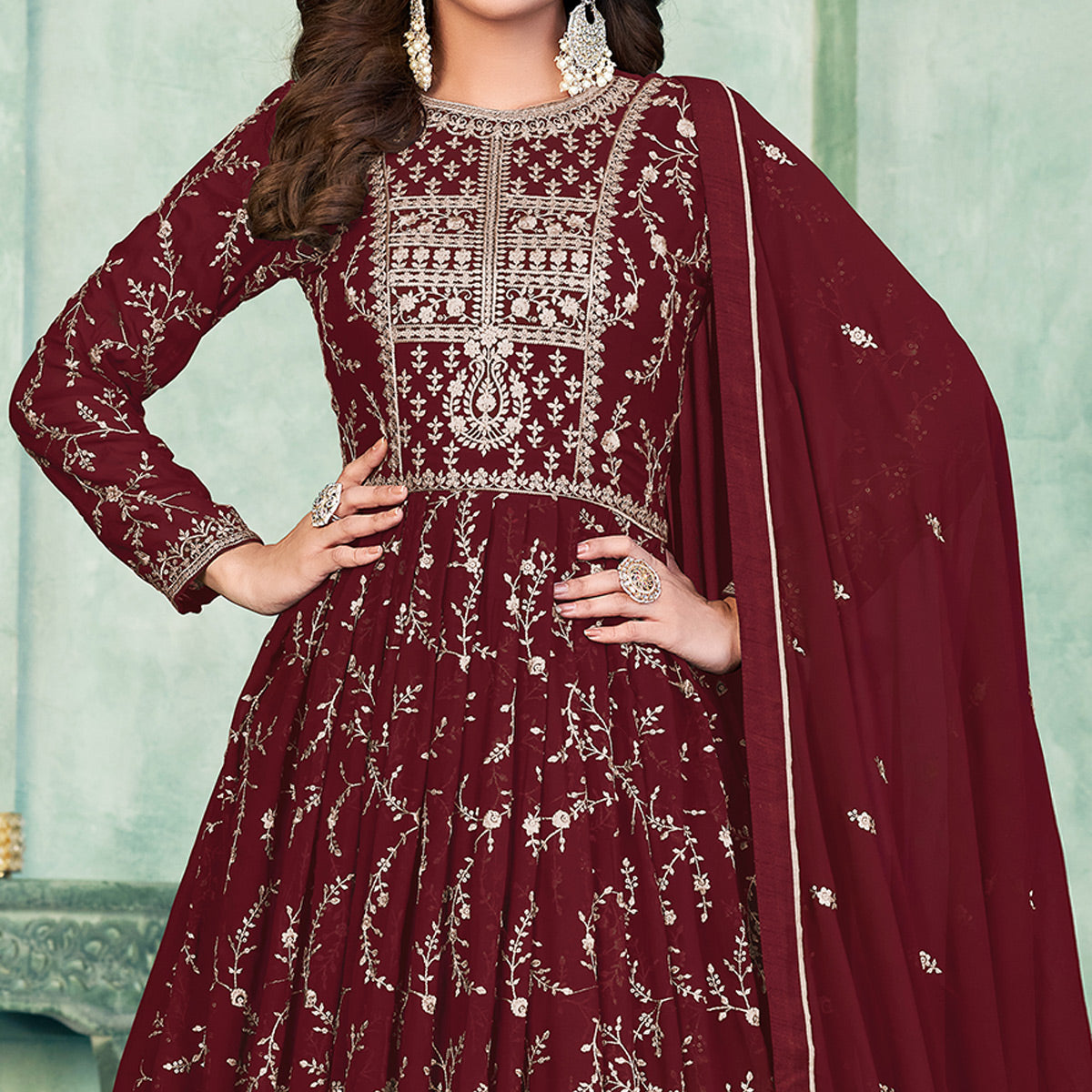 Maroon Embroidered Georgette Semi Stitched Anarkali Suit