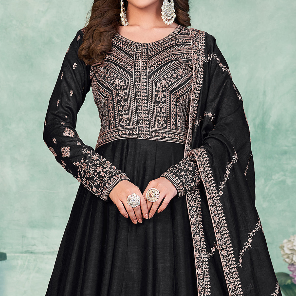 Black Embroidered Art Silk Semi Stitched Anarkali Suit