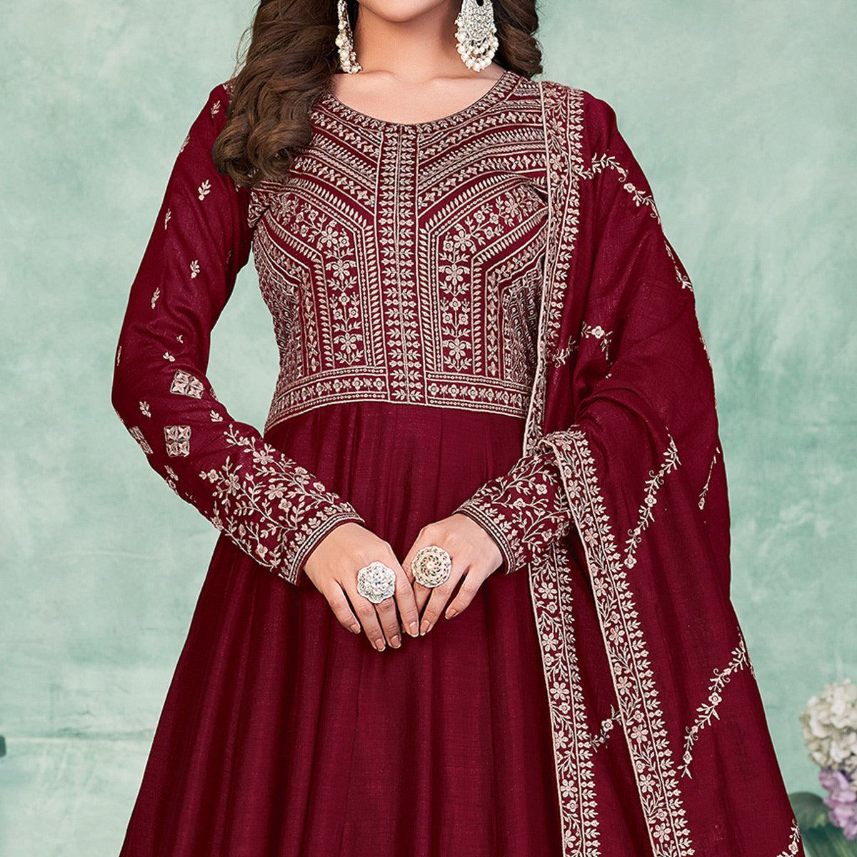 Maroon Embroidered Art Silk Semi Stitched Anarkali Suit