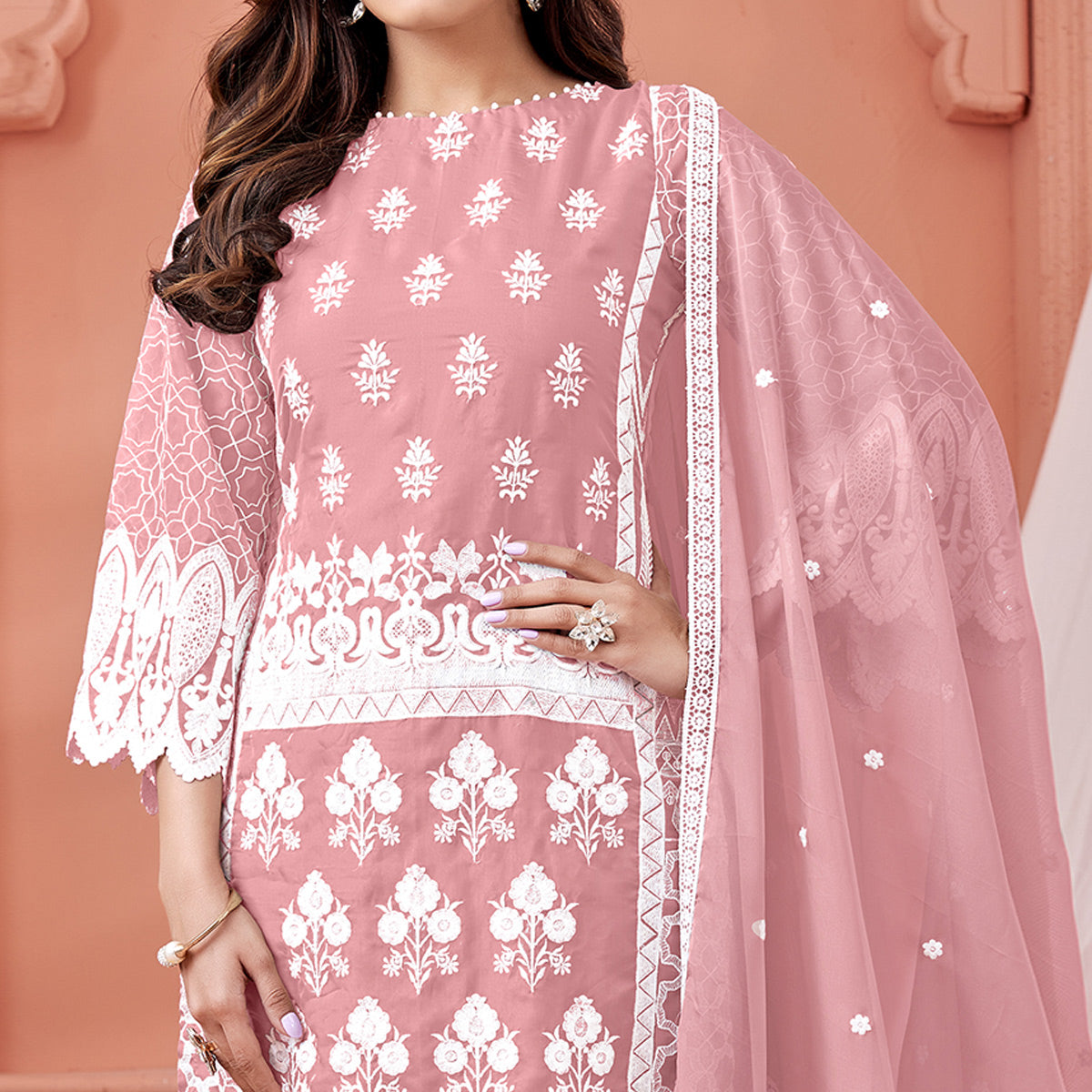 Peach Floral Embroidered Organza Semi Stitched Suit