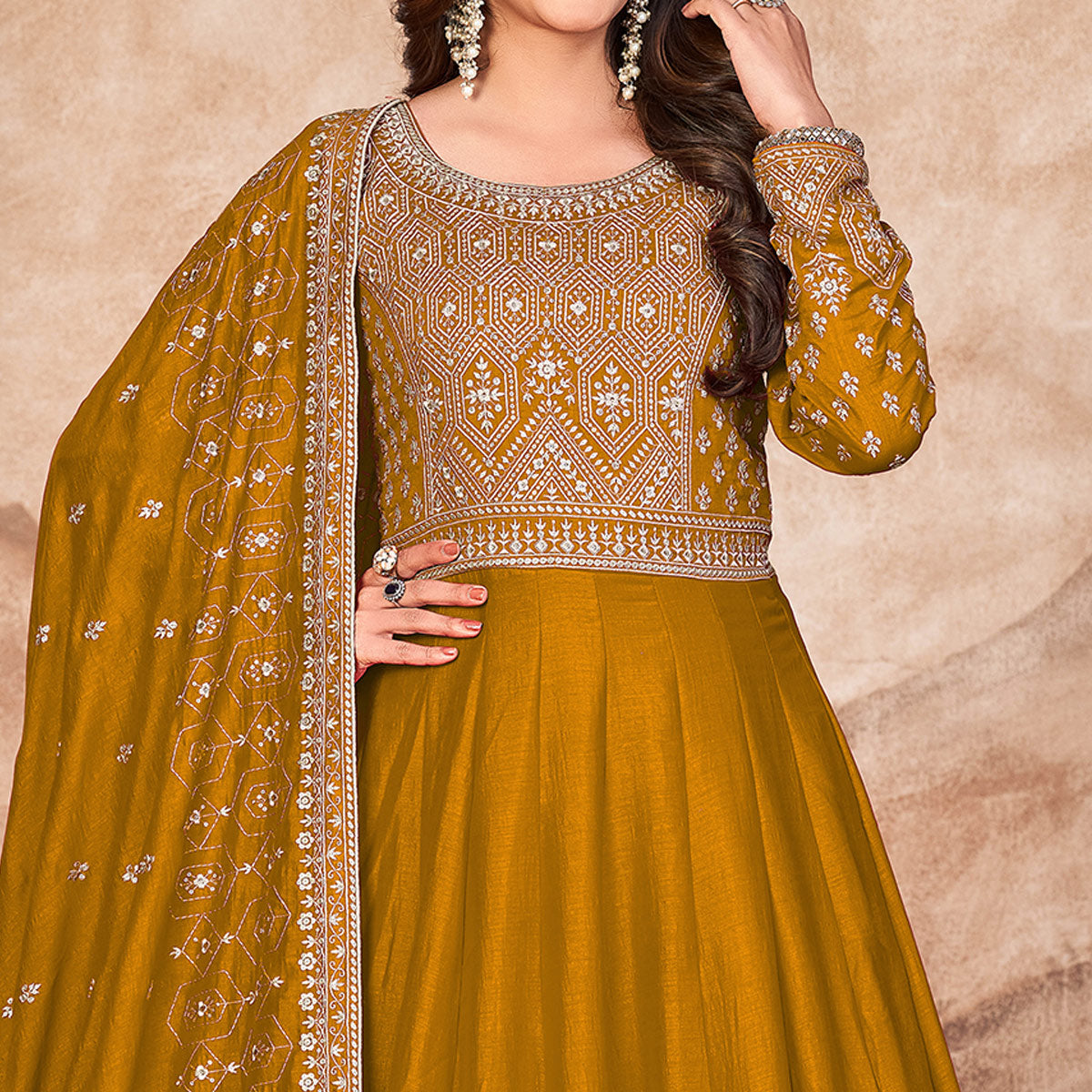 Mustard Embroidered Art Silk Semi Stitched Anarkali Suit