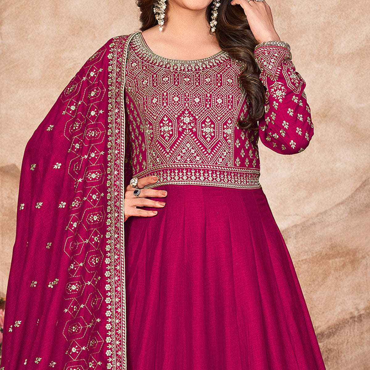 Pink Embroidered Art Silk Semi Stitched Anarkali Suit