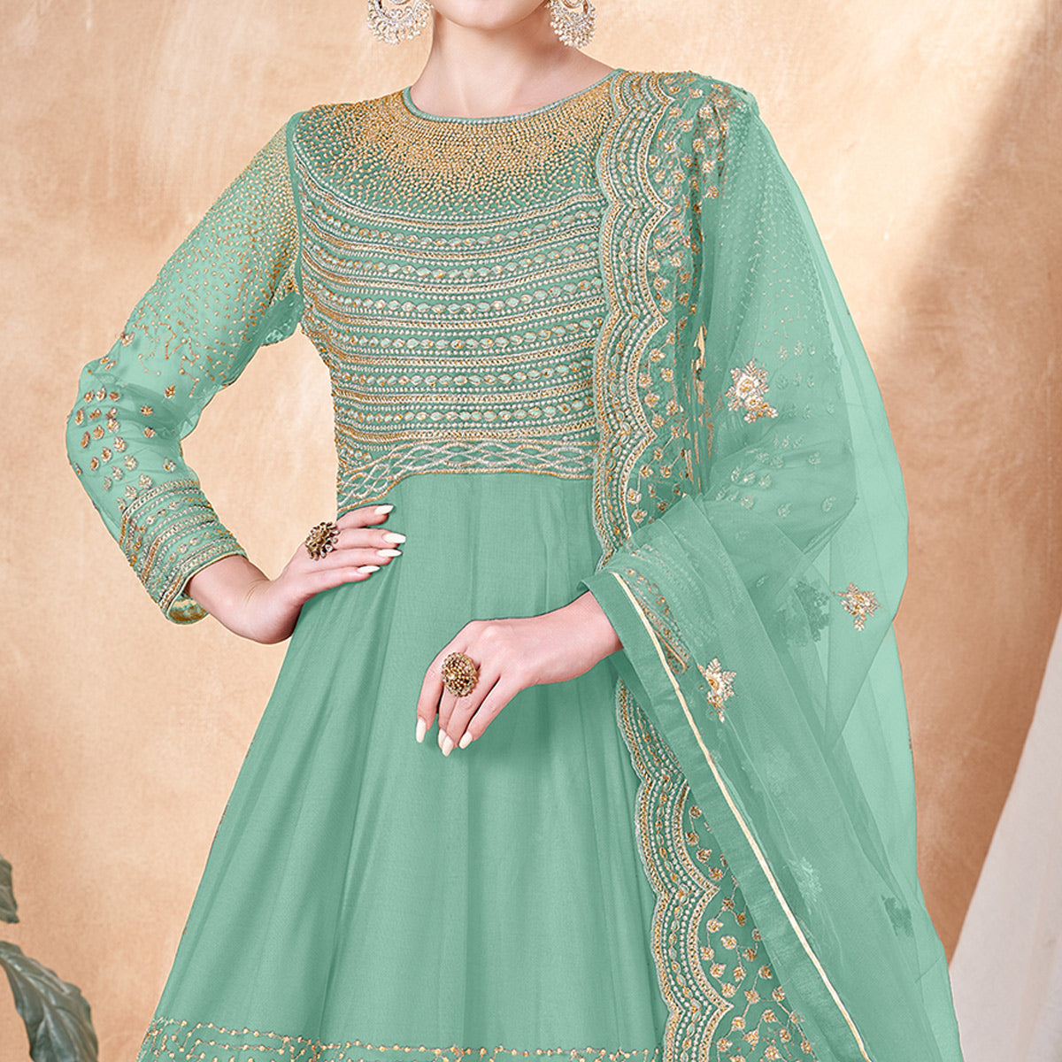 Turquoise Floral Embroidered Net Semi Stitched Anarkali Suit