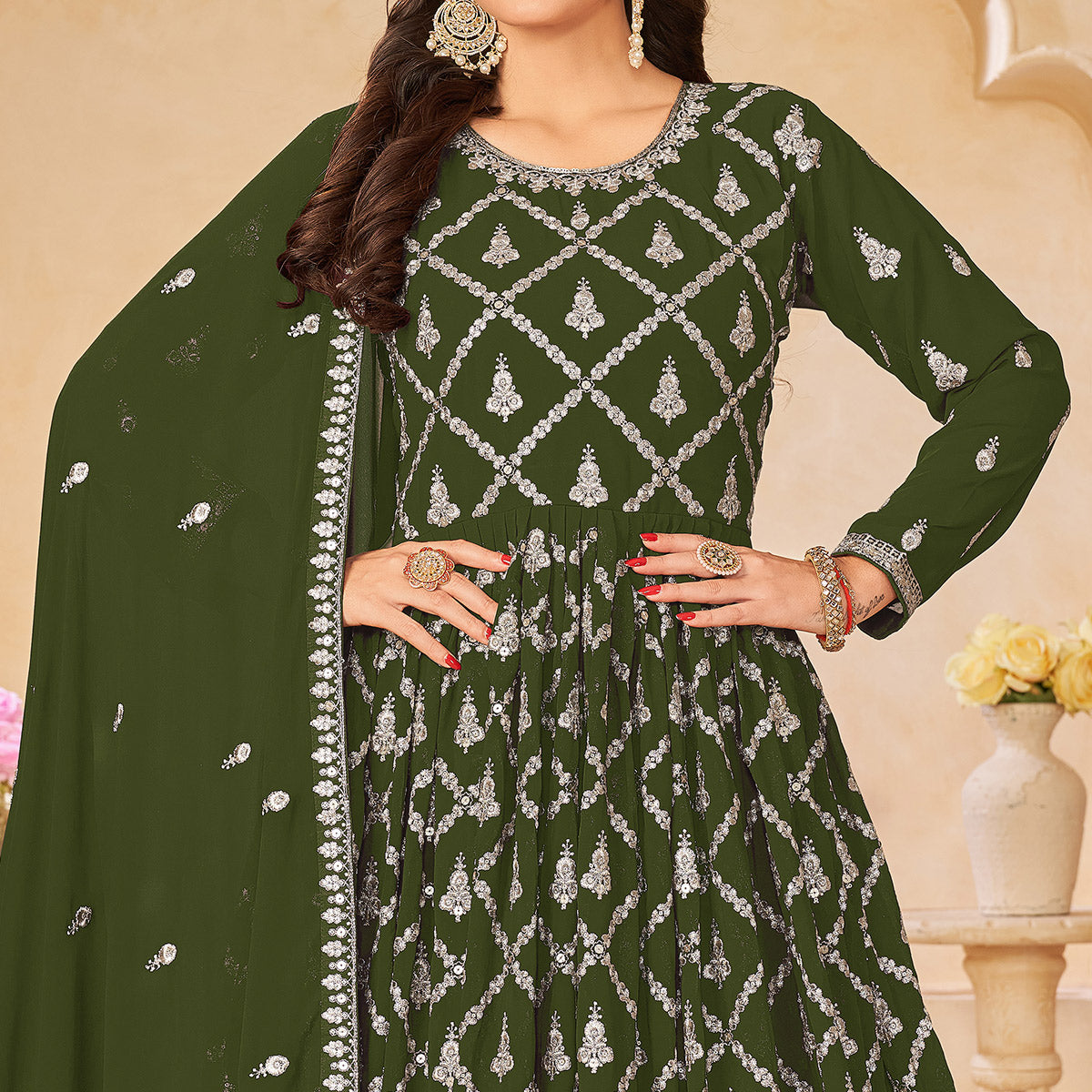 Mehendi Green Floral Embroidered Georgette Semi Stitched Anarkali Suit