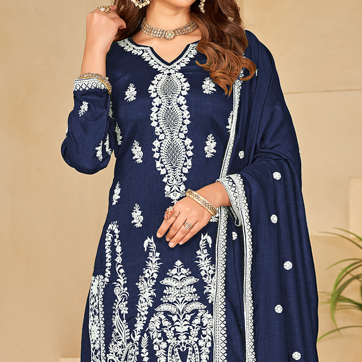 Blue Floral Embroidered Art Silk Semi Stitched Palazzo Suit