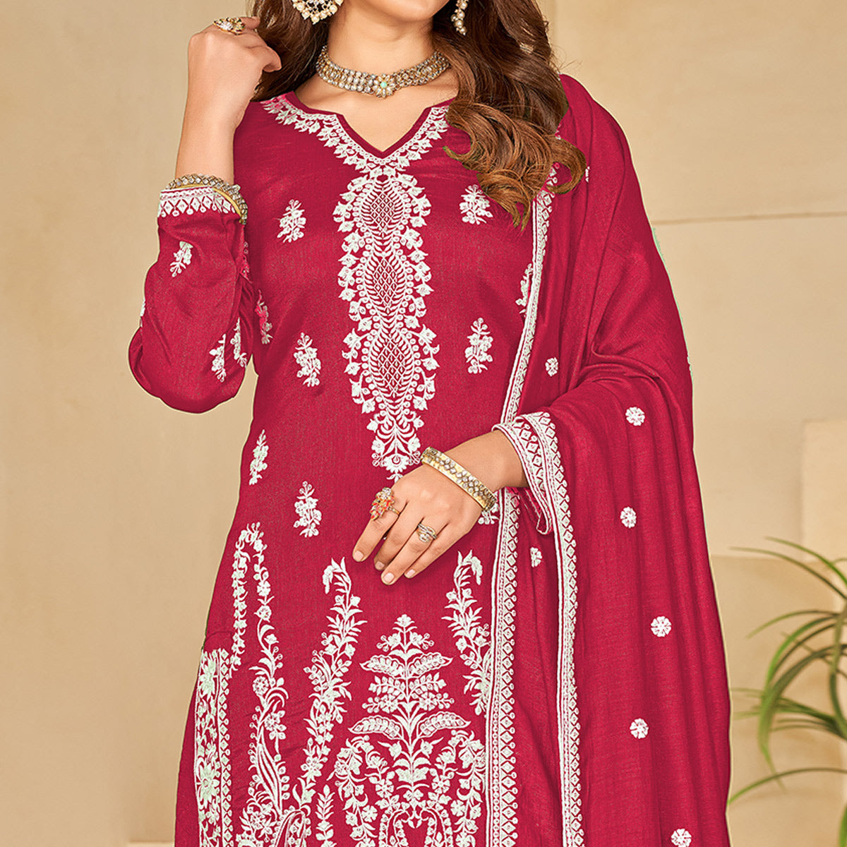 Pink Floral Embroidered Art Silk Semi Stitched Palazzo Suit