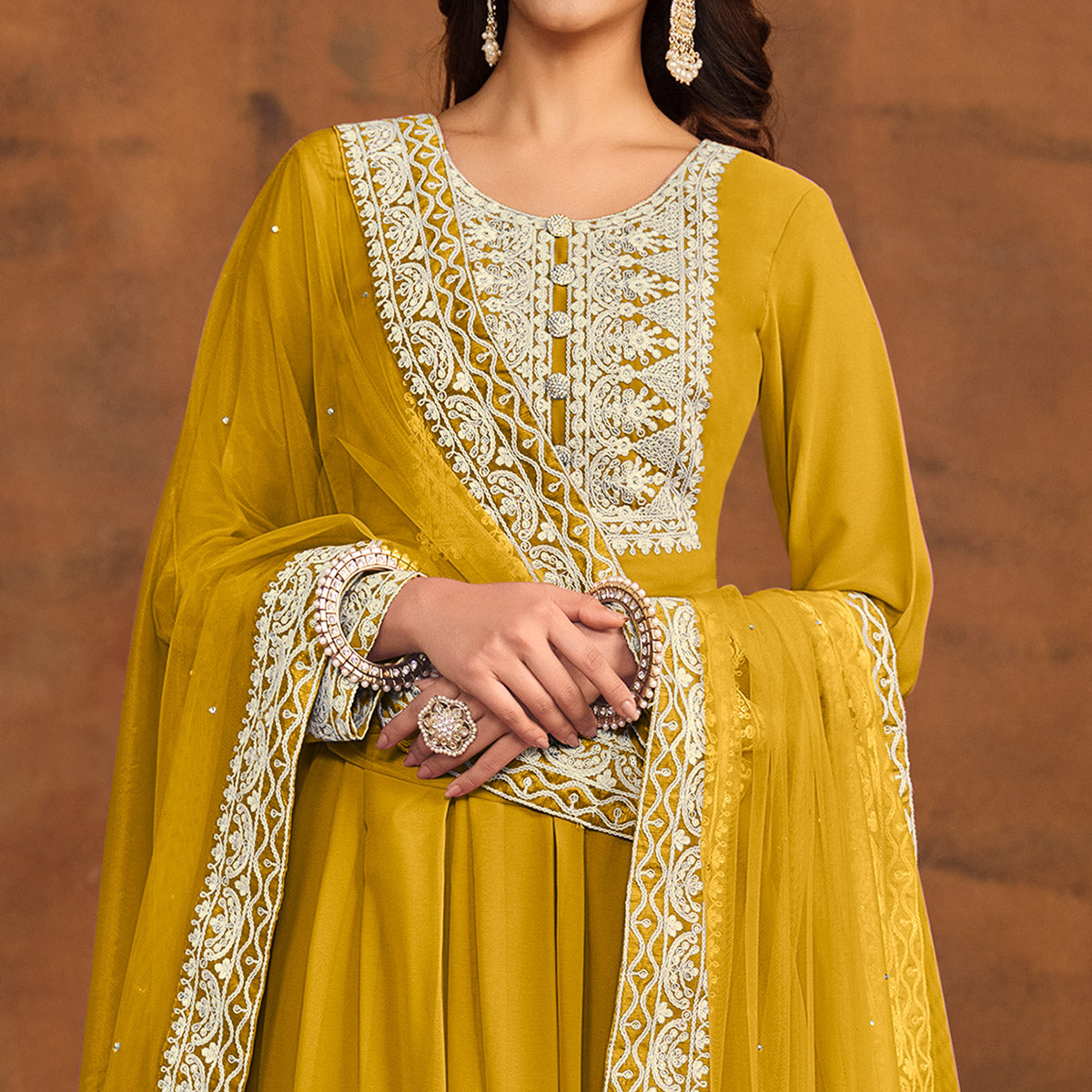 Mustard Floral Embroidered Georgette Semi Stitched Palazzo Suit