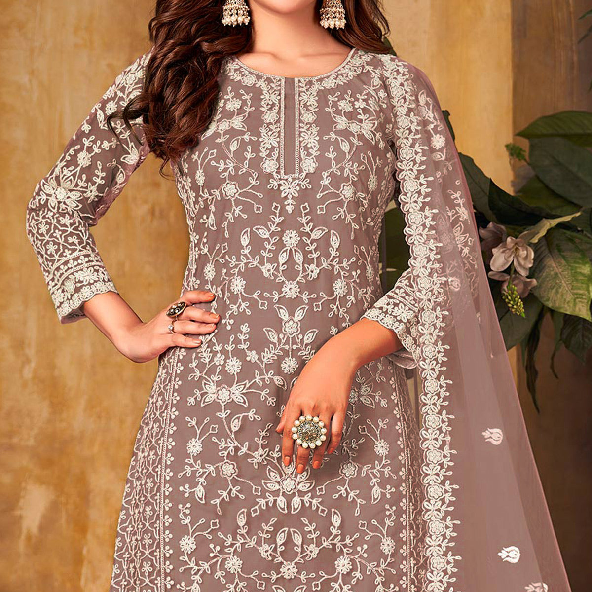 Dusty Brown Floral Embroidered Net Semi Stitched Suit