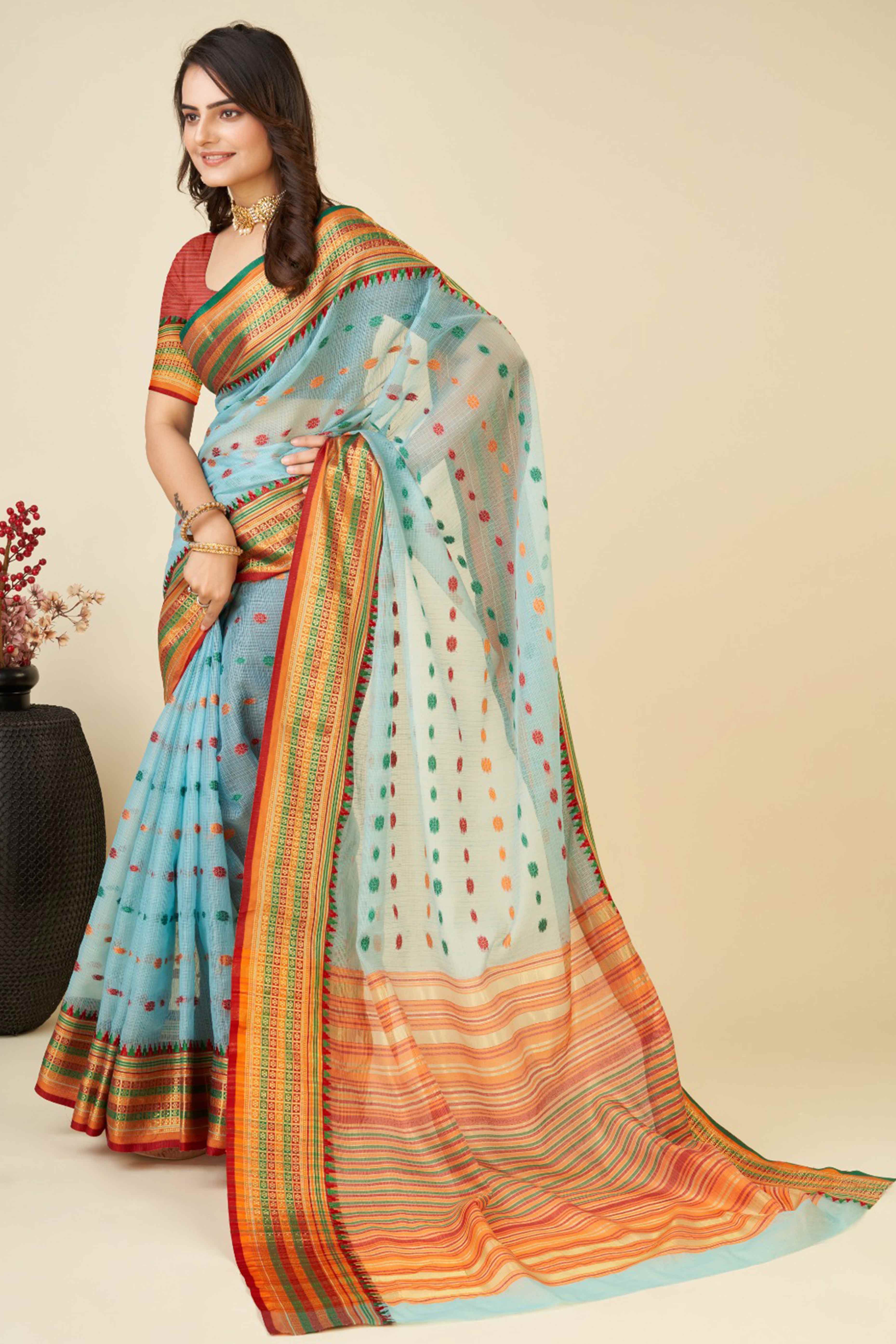 Sky Blue Zari Weaving Cotton Silk Saree