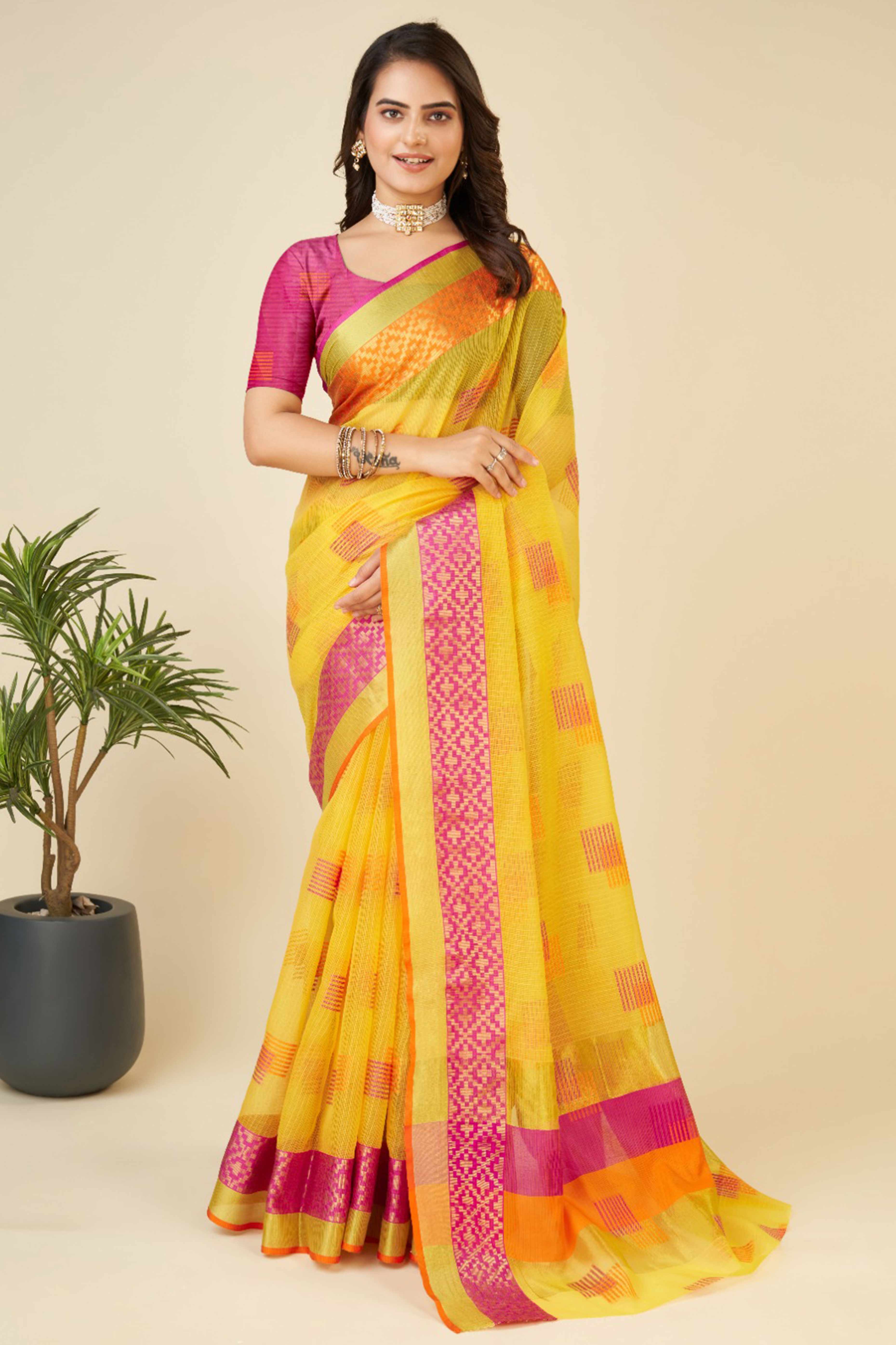 Yellow Zari Weaving Cotton Blend Saree