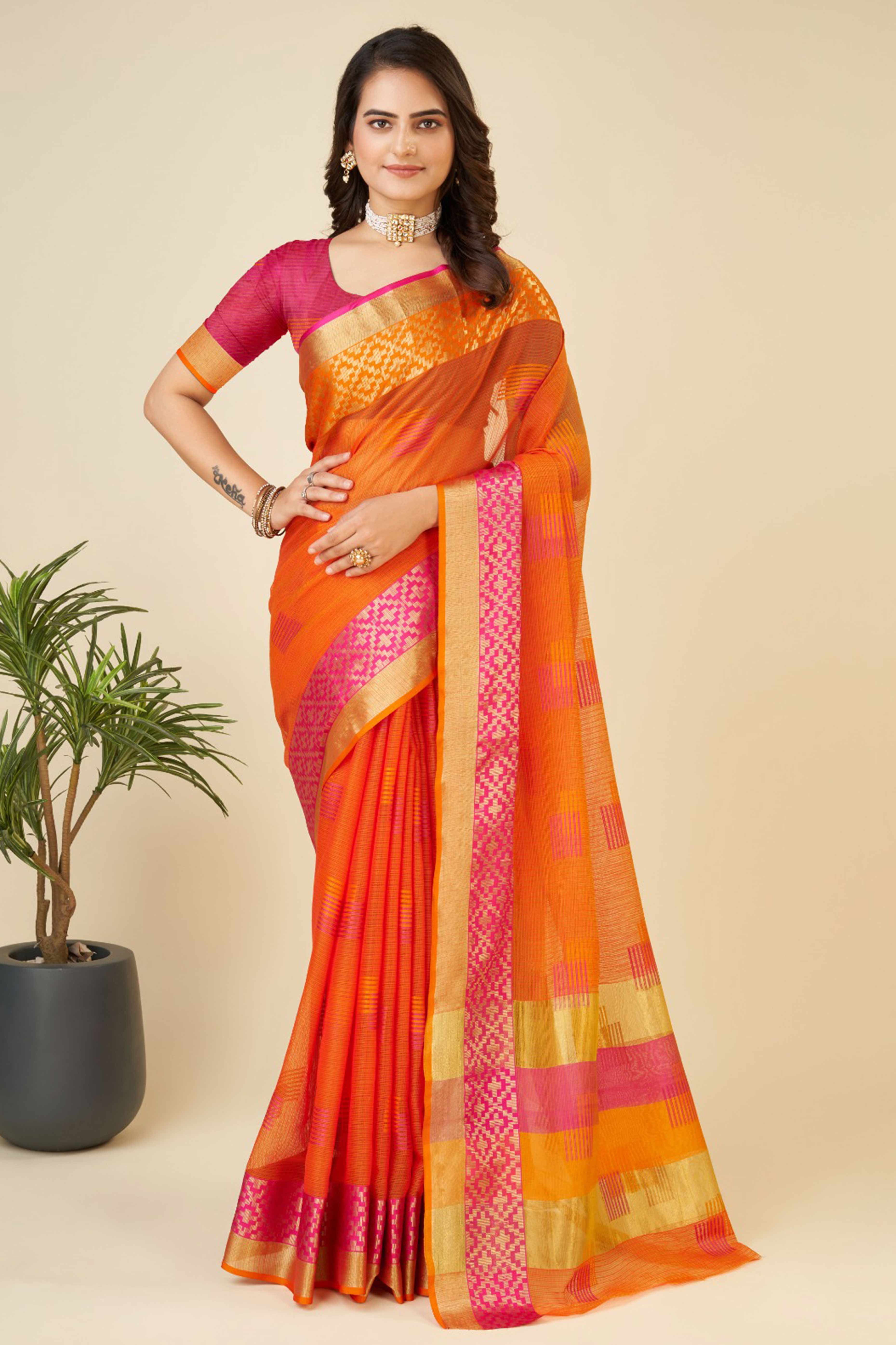 Orange Zari Weaving Cotton Blend Saree